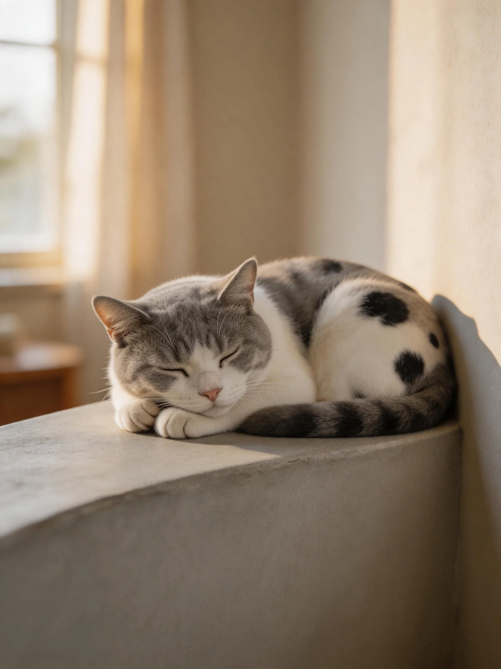 Gray and white spotted cat naps on a cushioned ledge by sunlight.