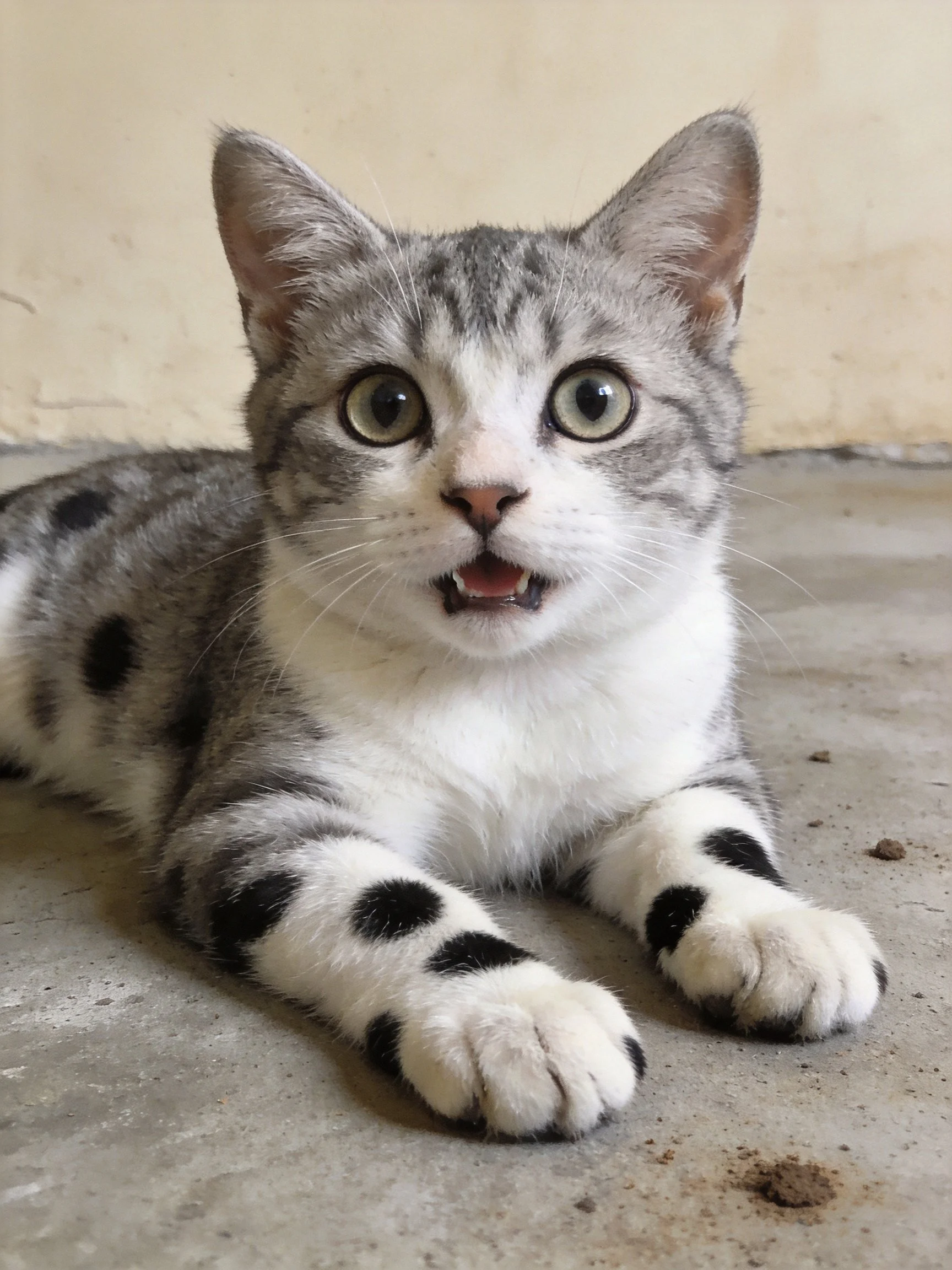 A gray and white spotted kitten lies on a concrete floor.