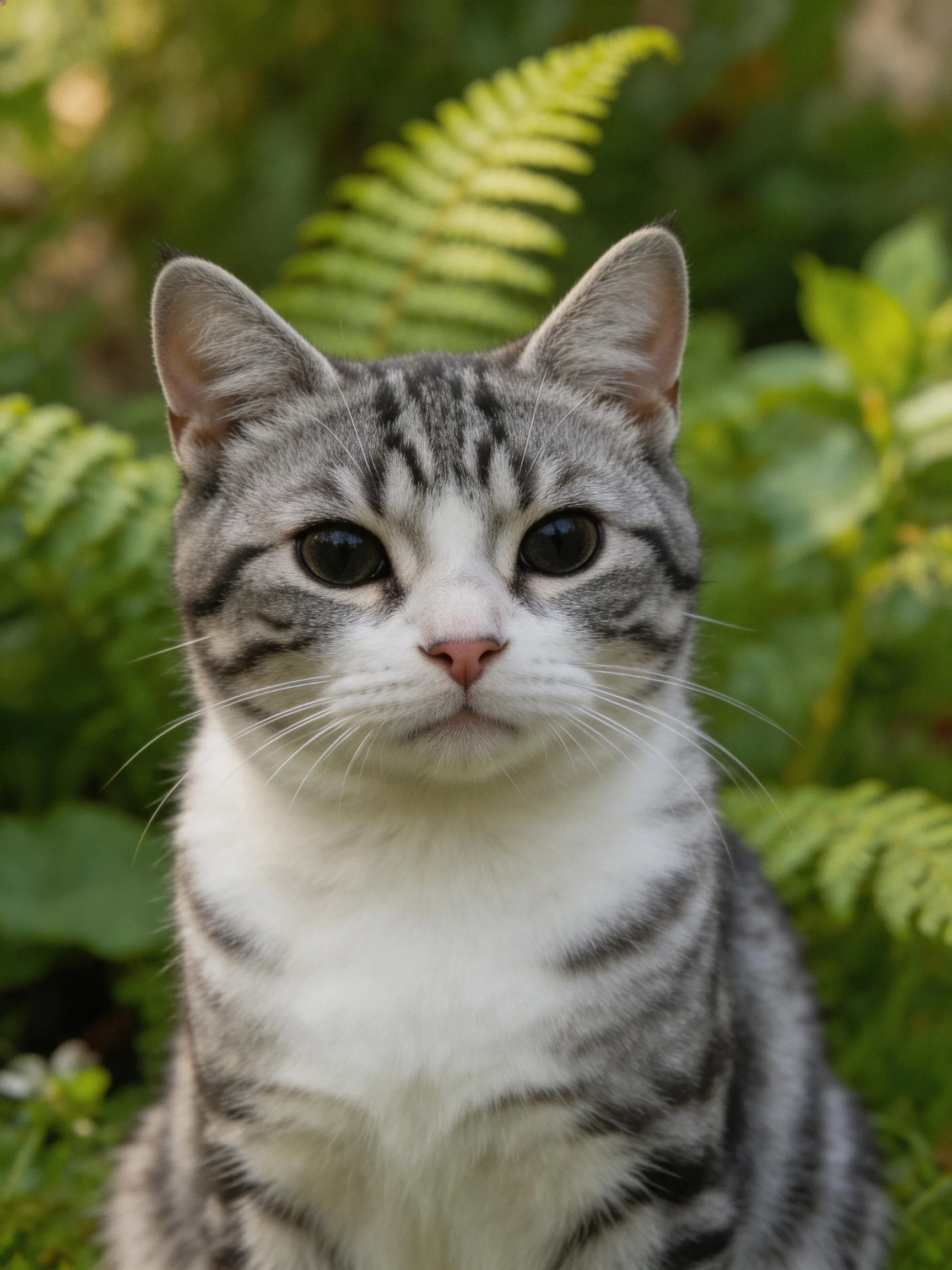 Gray and white tabby cat amidst lush green foliage