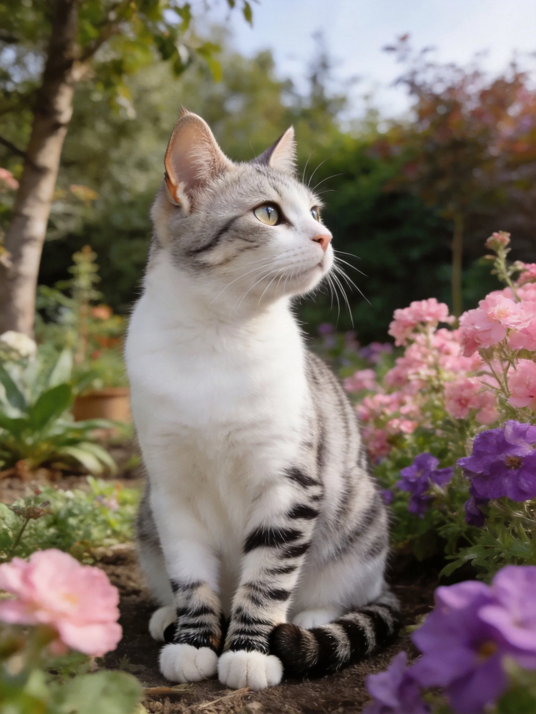 Gray-and-white tabby cat amidst pink and purple flowers in a garden