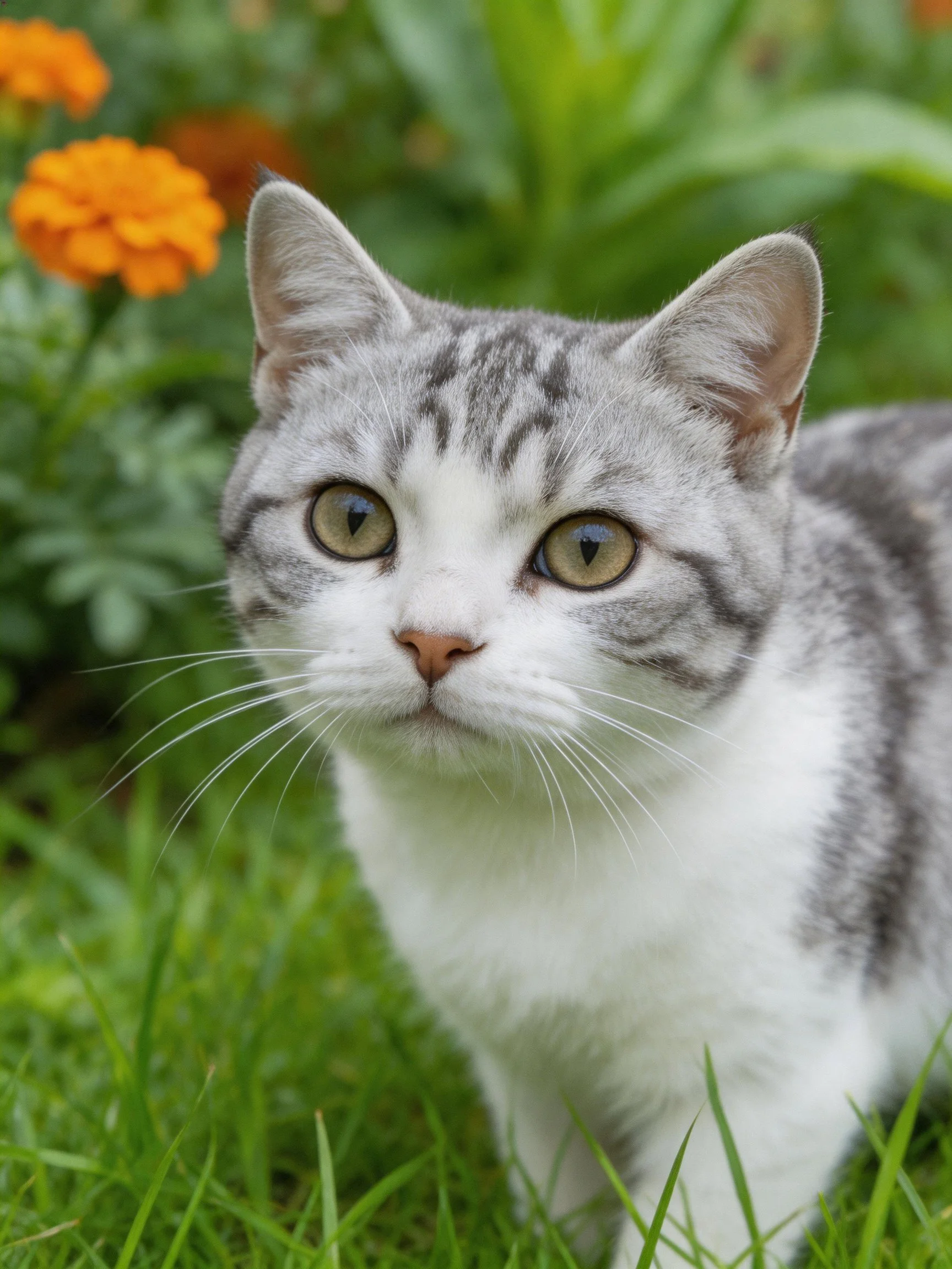 Gray and white tabby cat in garden with green grass and orange blooms
