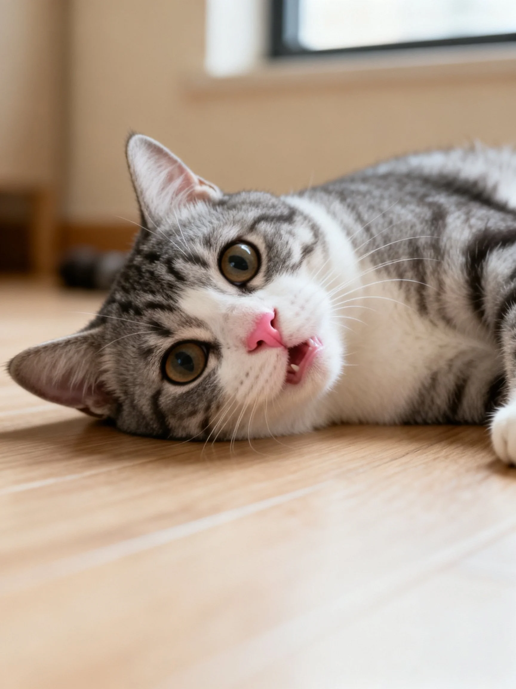 Gray and white tabby cat lies on wooden floor with wide eyes