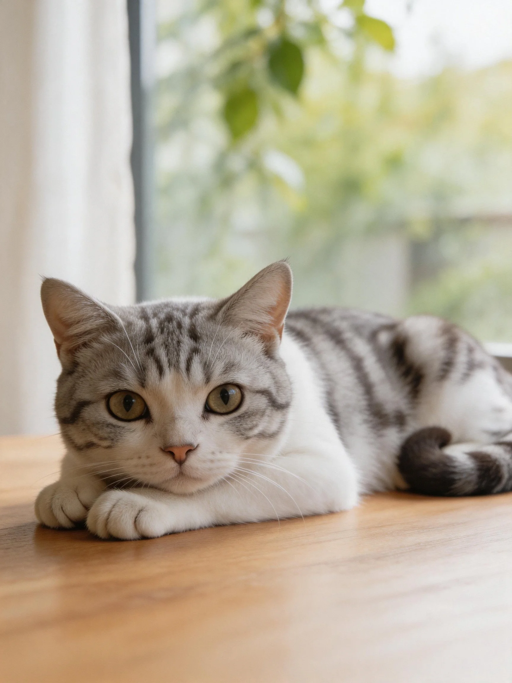 Gray and white tabby cat lounges on wooden table by sunlit window