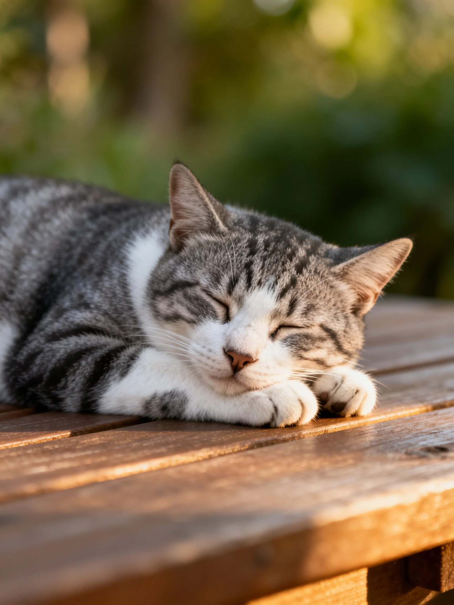 Gray and white tabby cat napping on wooden outdoor table