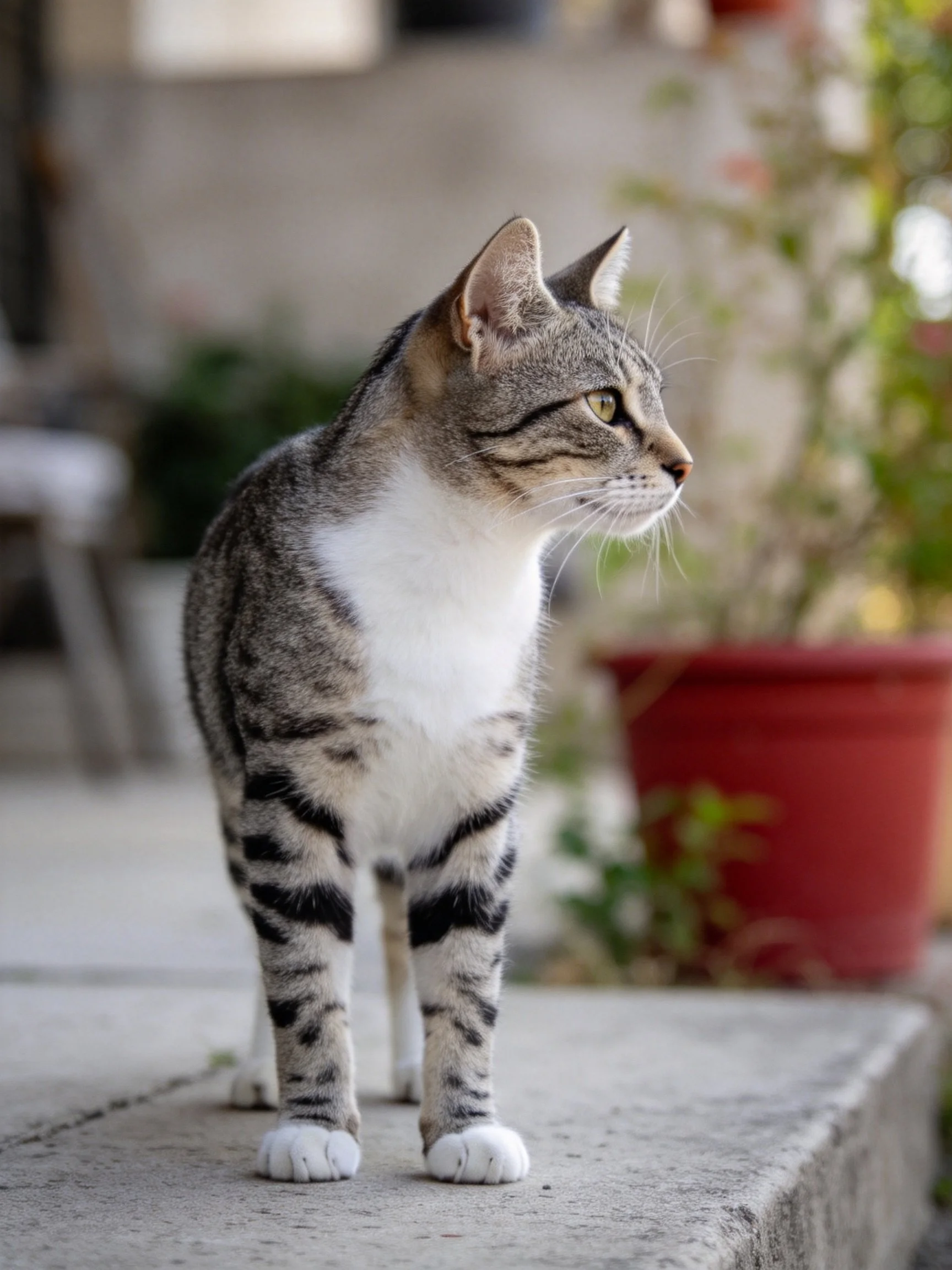 Gray and white tabby cat on concrete near red flowerpot