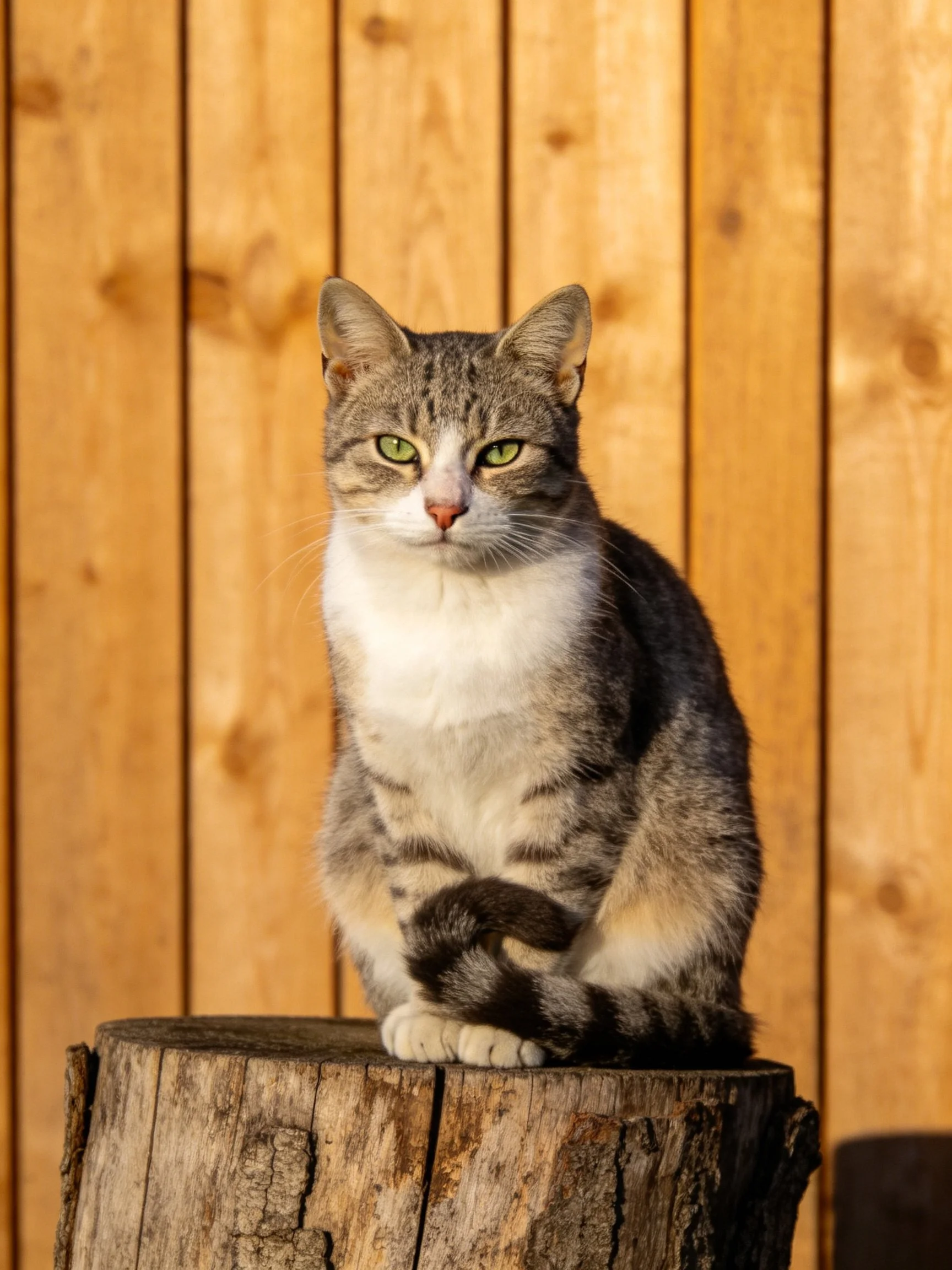 Gray and white tabby cat on weathered tree stump by wooden fence