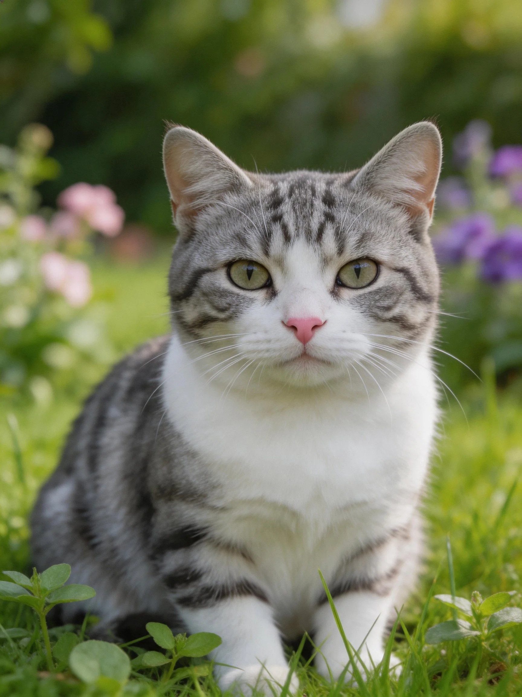 Gray and white tabby cat resting in a garden with green grass and flowers