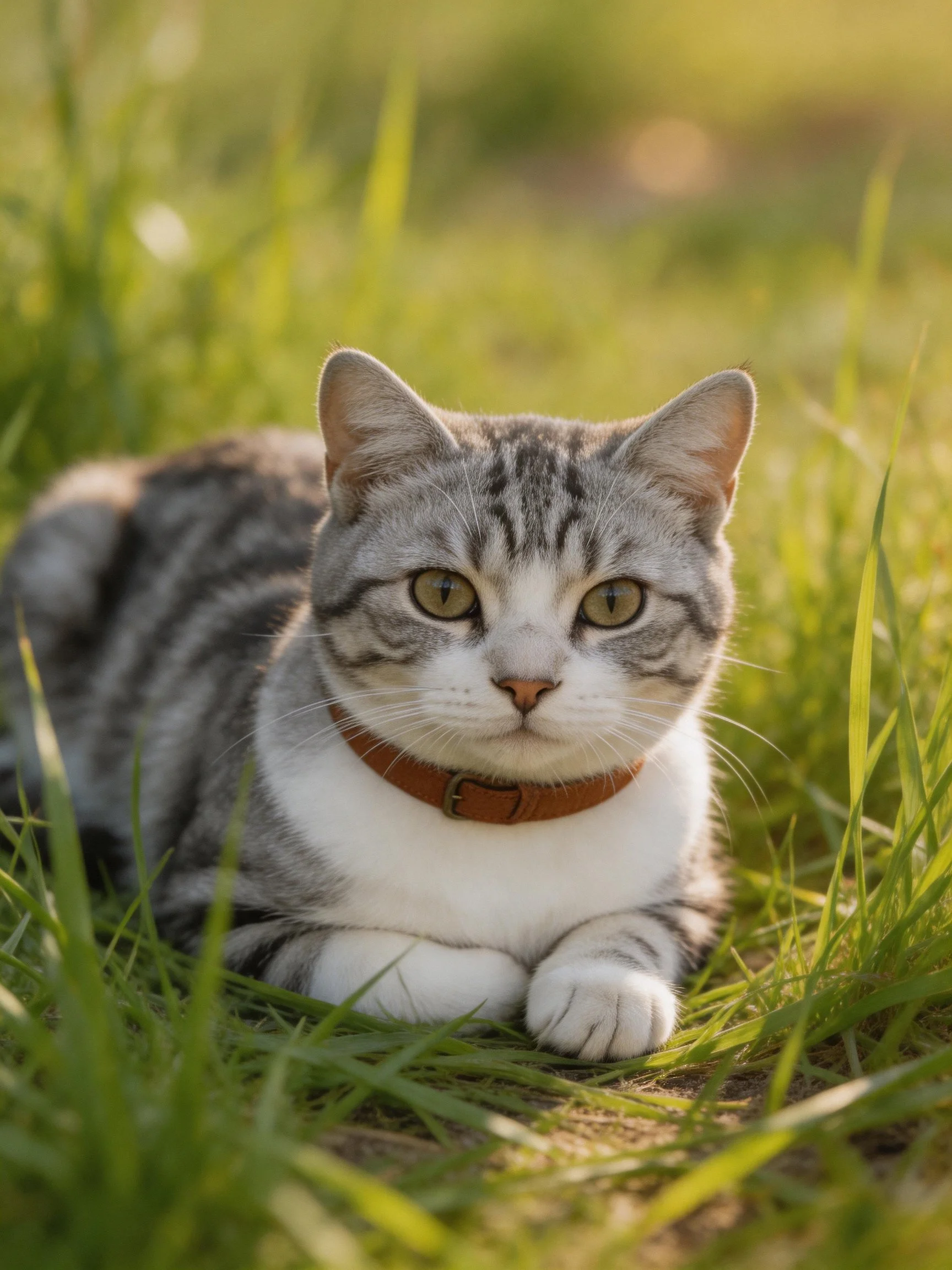 Gray and white tabby cat resting in green grass with brown collar