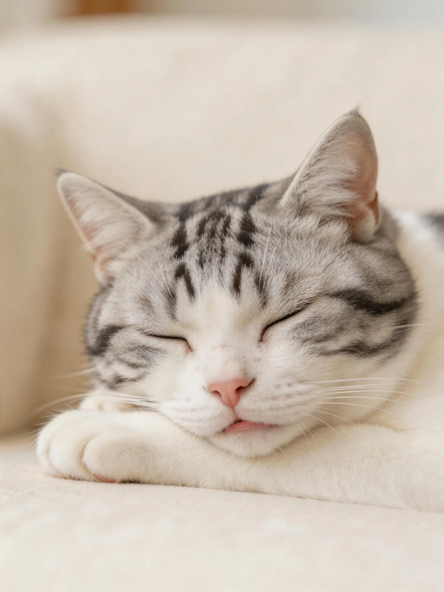 Gray and white tabby cat resting on a cream couch
