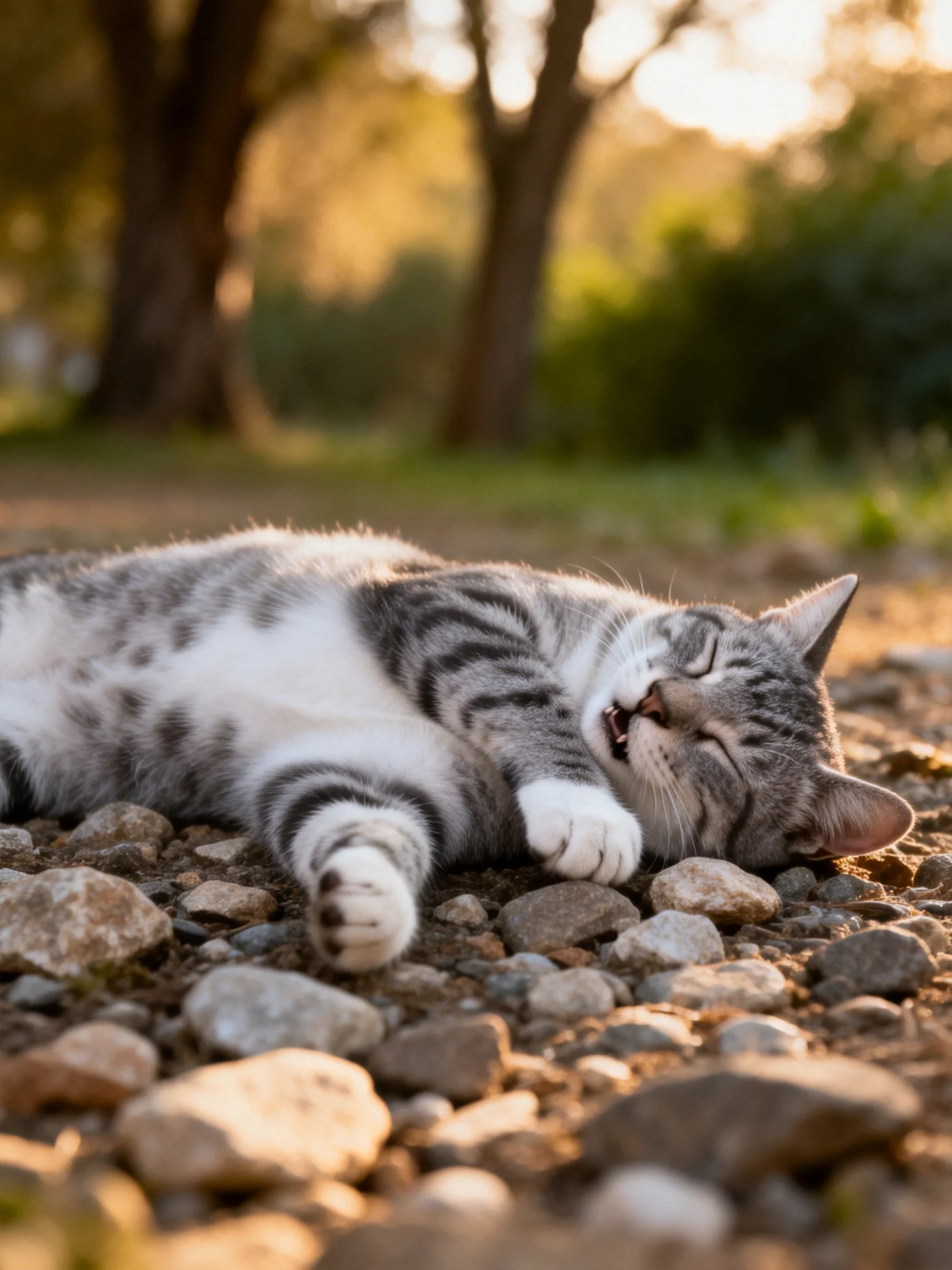 Gray and white tabby cat resting on pebbly ground near trees