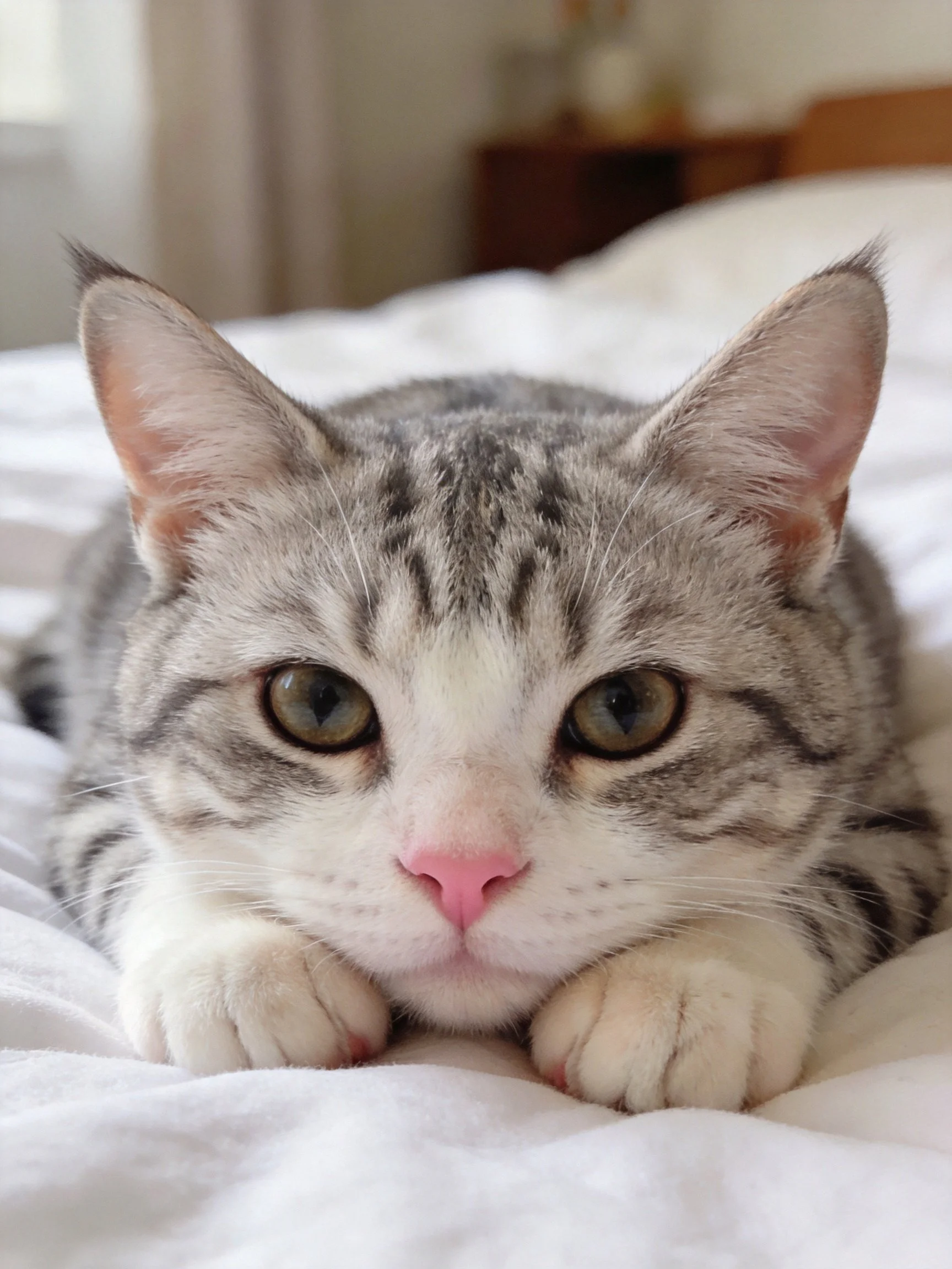 Gray and white tabby cat resting on white bedding