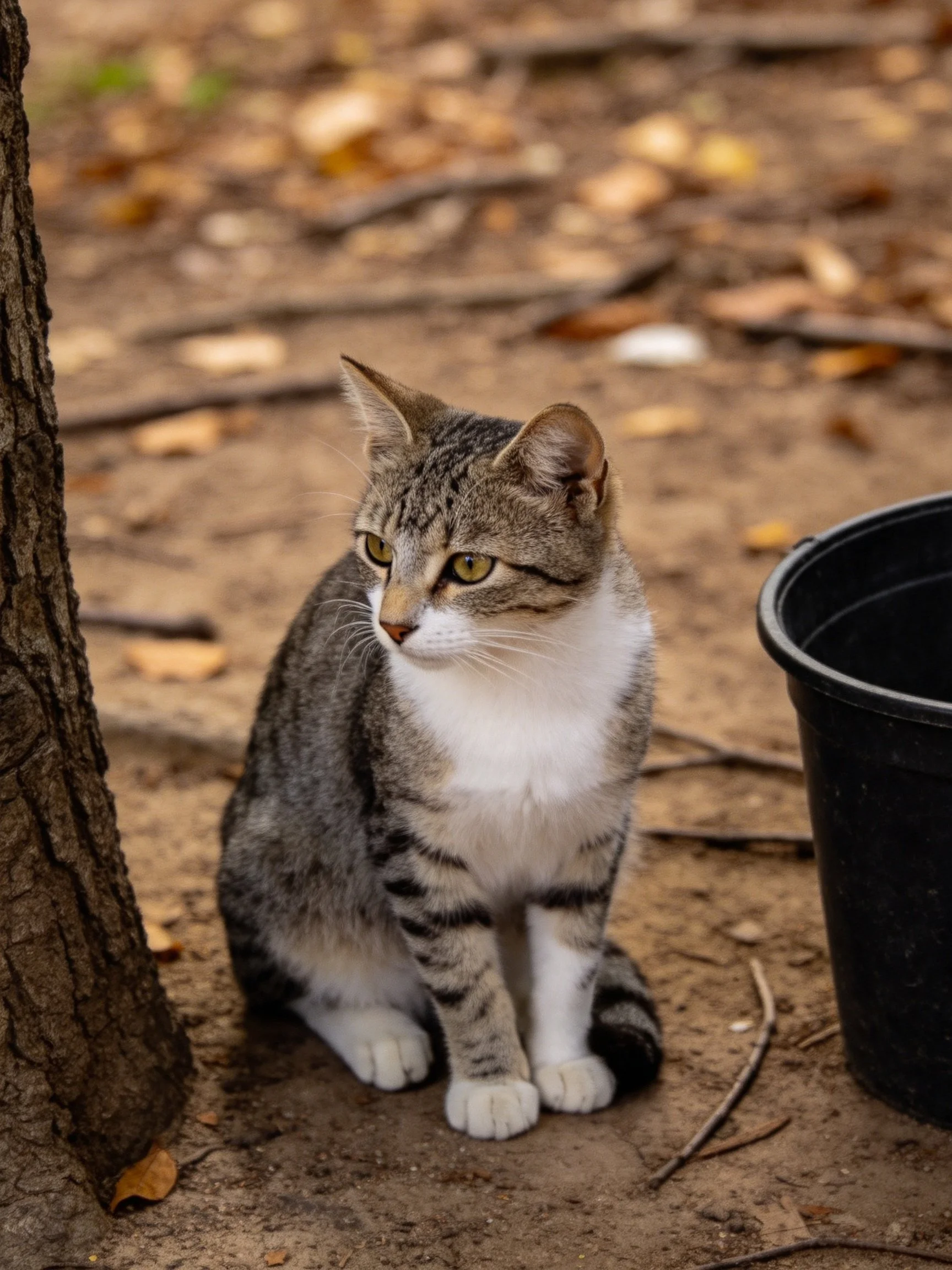 A gray and white tabby cat sits near a black bucket and tree trunk outdoors.