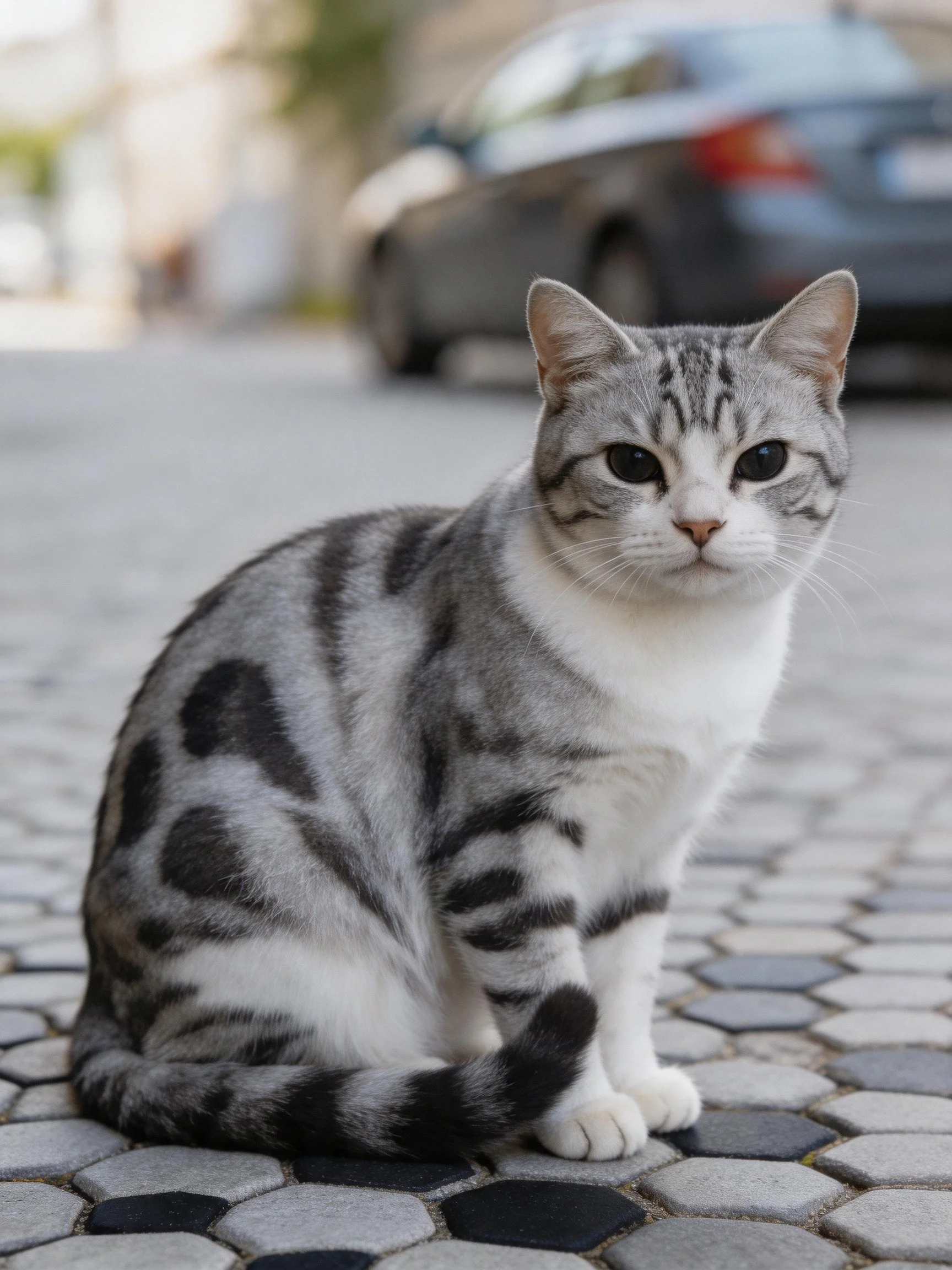 A gray and white tabby cat sits calmly on cobblestones with a car in the distance.