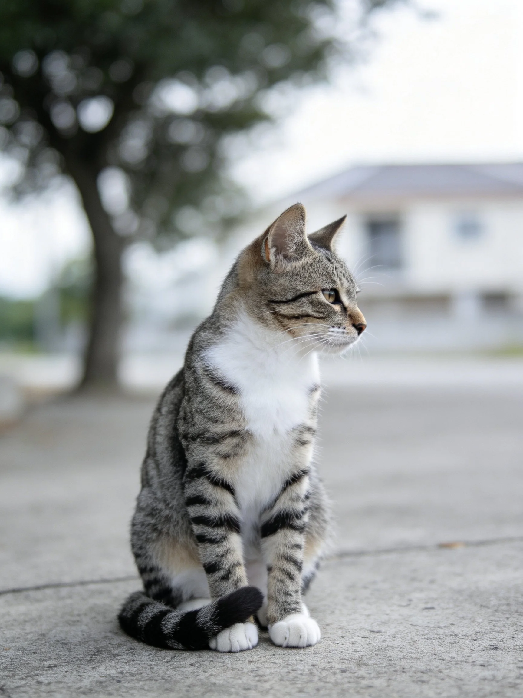 A gray and white tabby cat sits calmly on an outdoor concrete area with blurred surroundings.