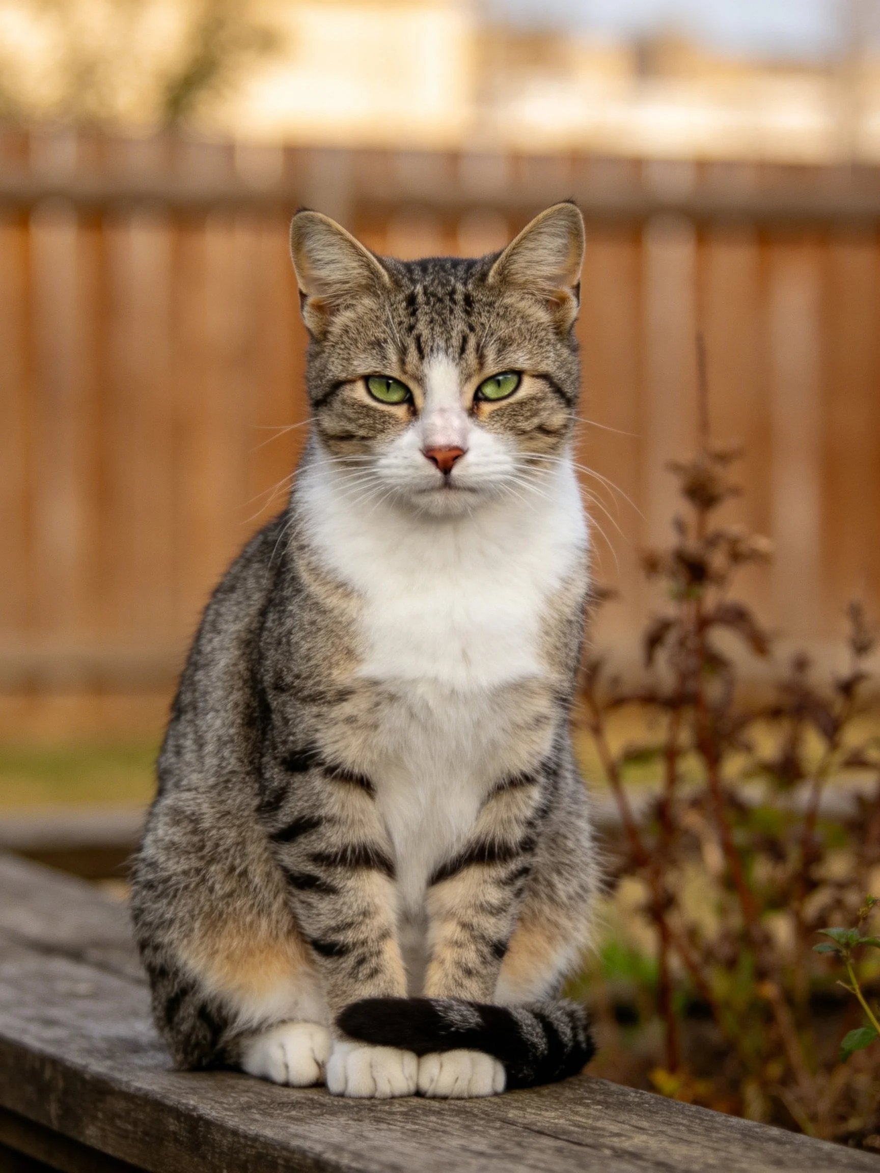 A gray and white tabby cat sits calmly on a wooden ledge near a wooden fence.