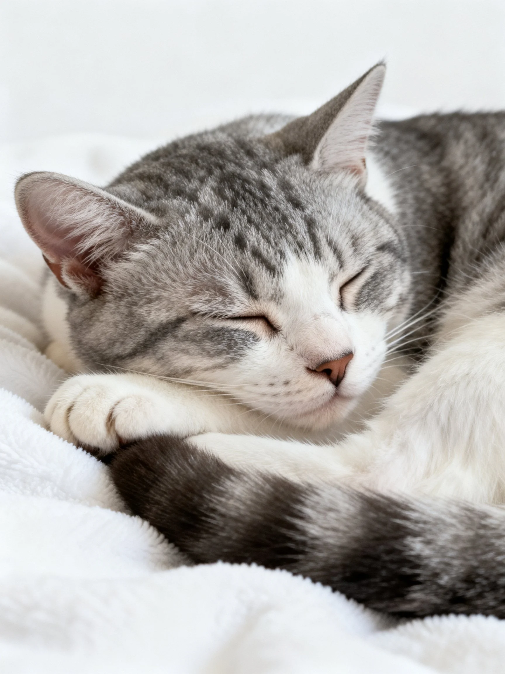 A gray and white tabby cat sleeps on a white blanket.
