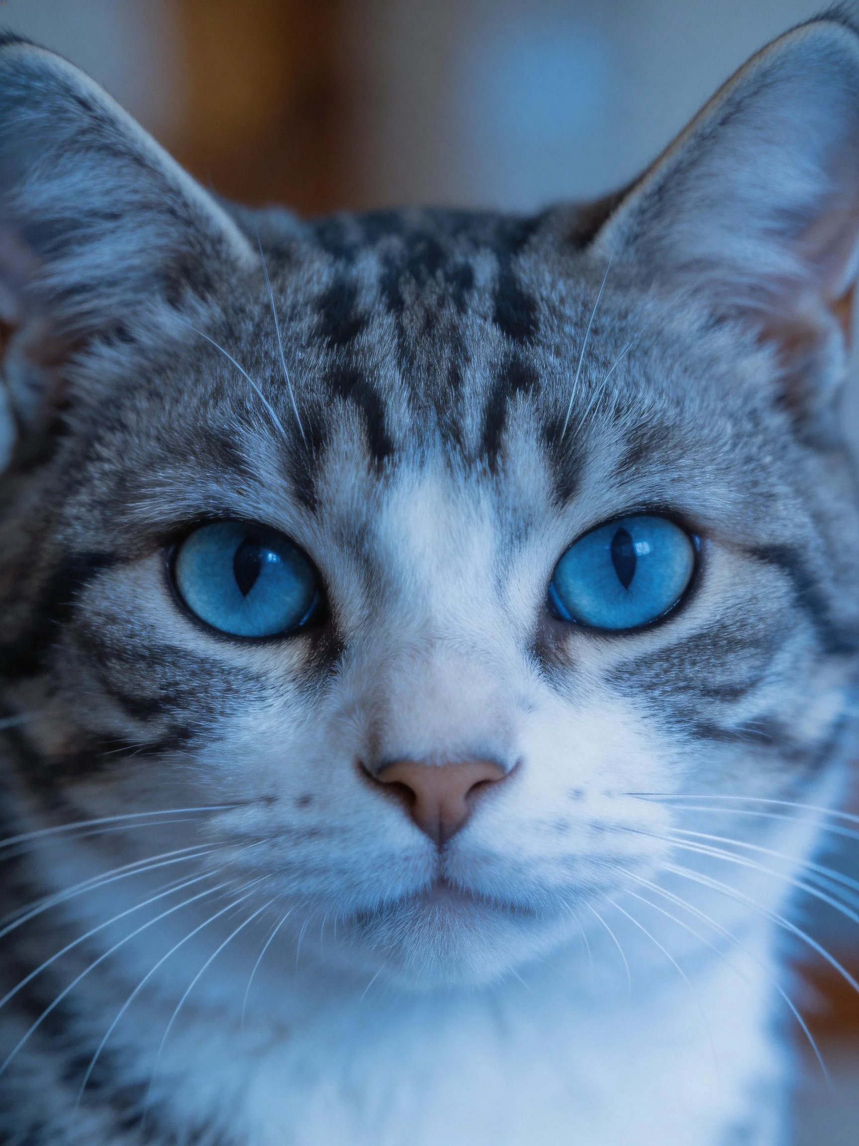 A gray and white tabby cat looks directly ahead with vivid blue eyes.