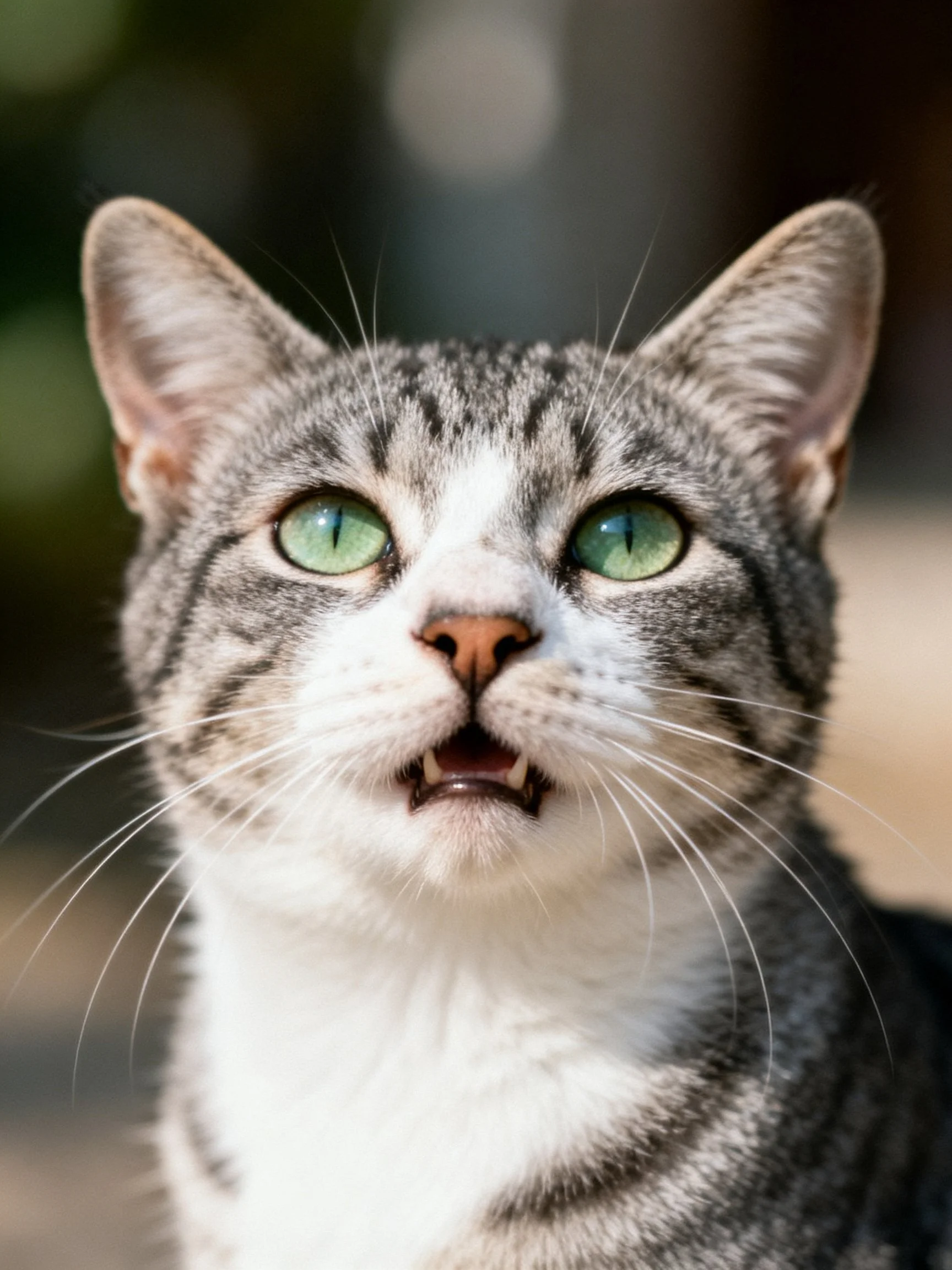 A gray and white tabby cat with bright green eyes displays an expressive facial expression.
