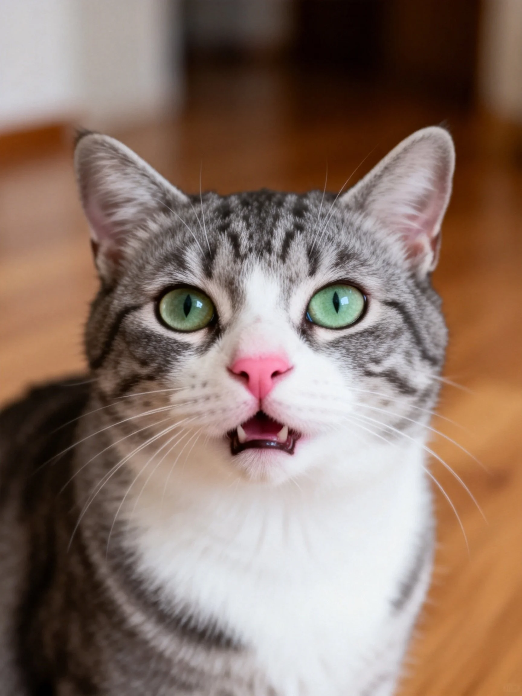 A gray and white tabby cat looks directly at the camera with mouth open.