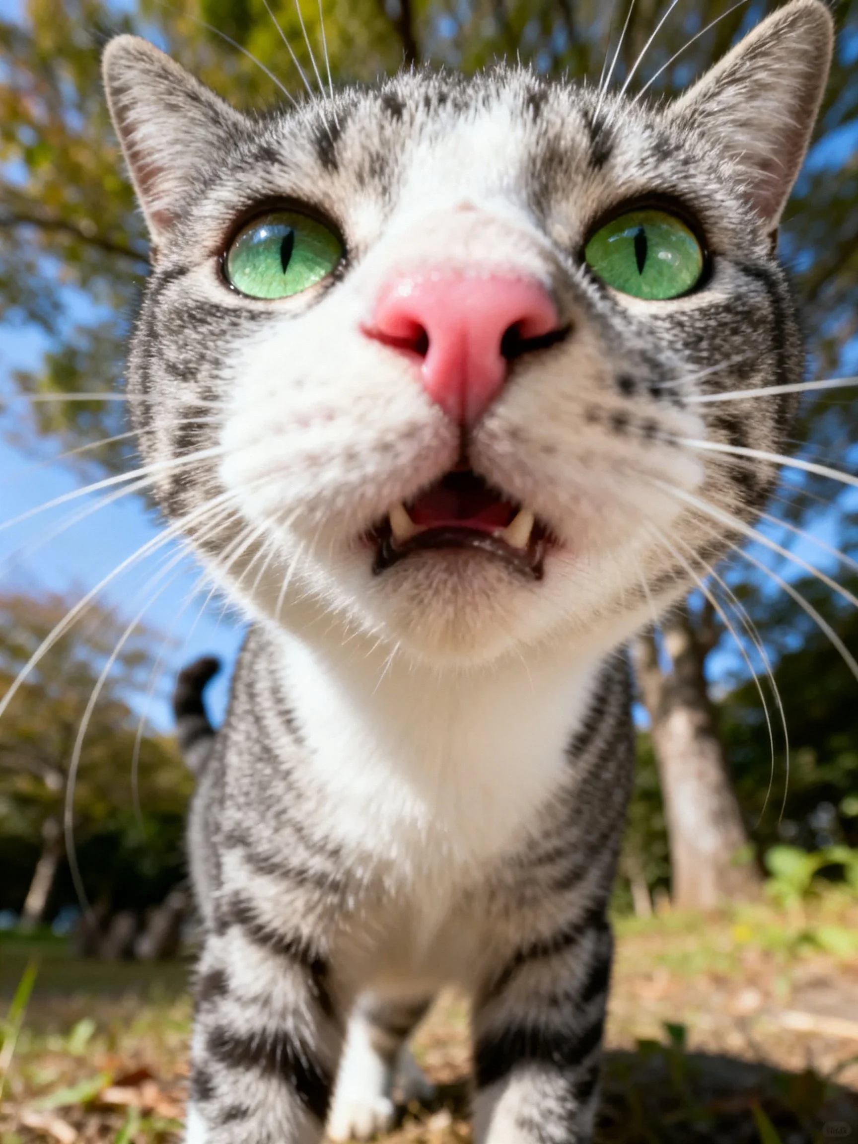 Close - up of a gray and white tabby cat with green eyes in an outdoor environment.