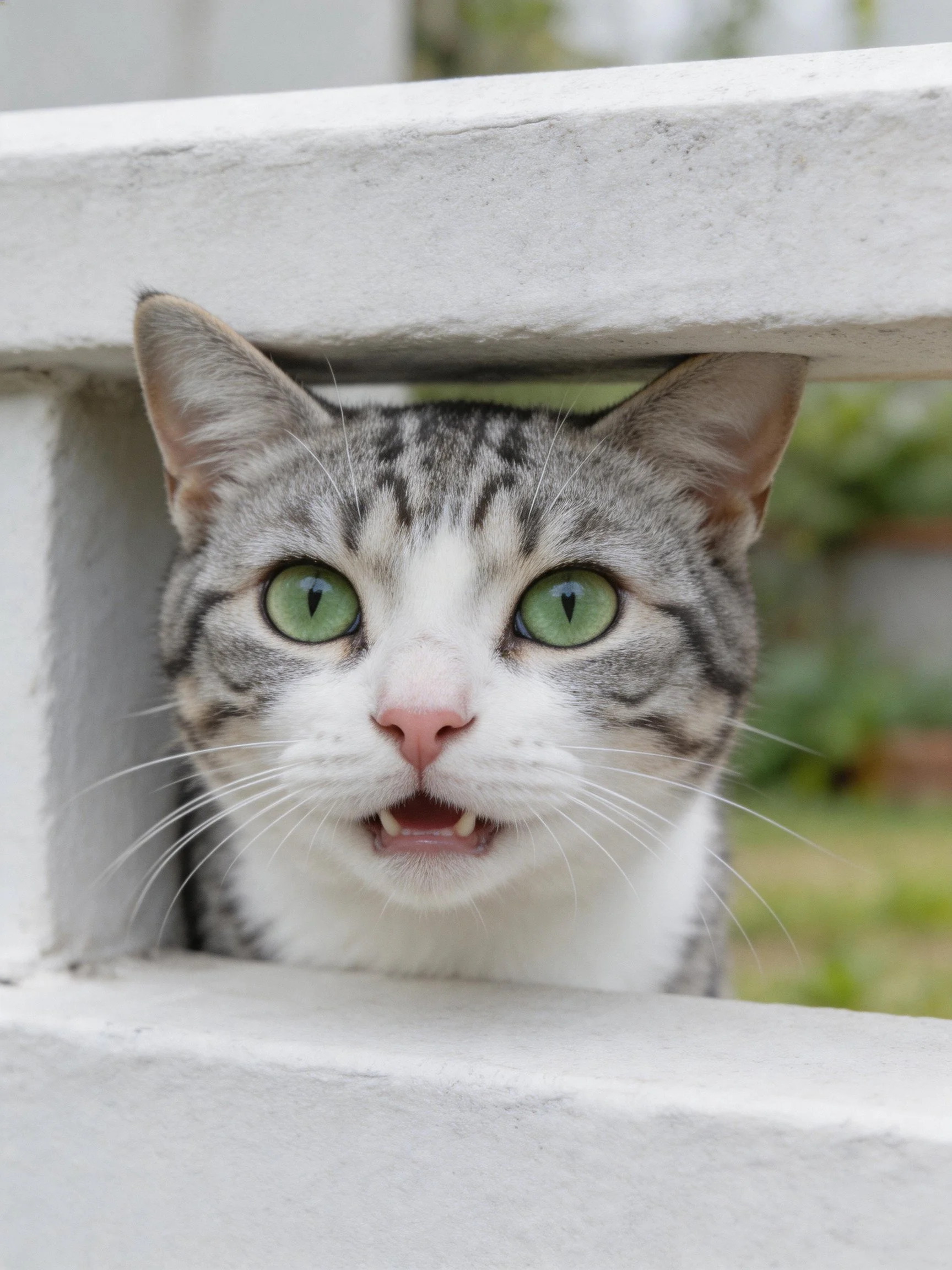 A gray and white tabby cat with green eyes peeks through a white structure outdoors.