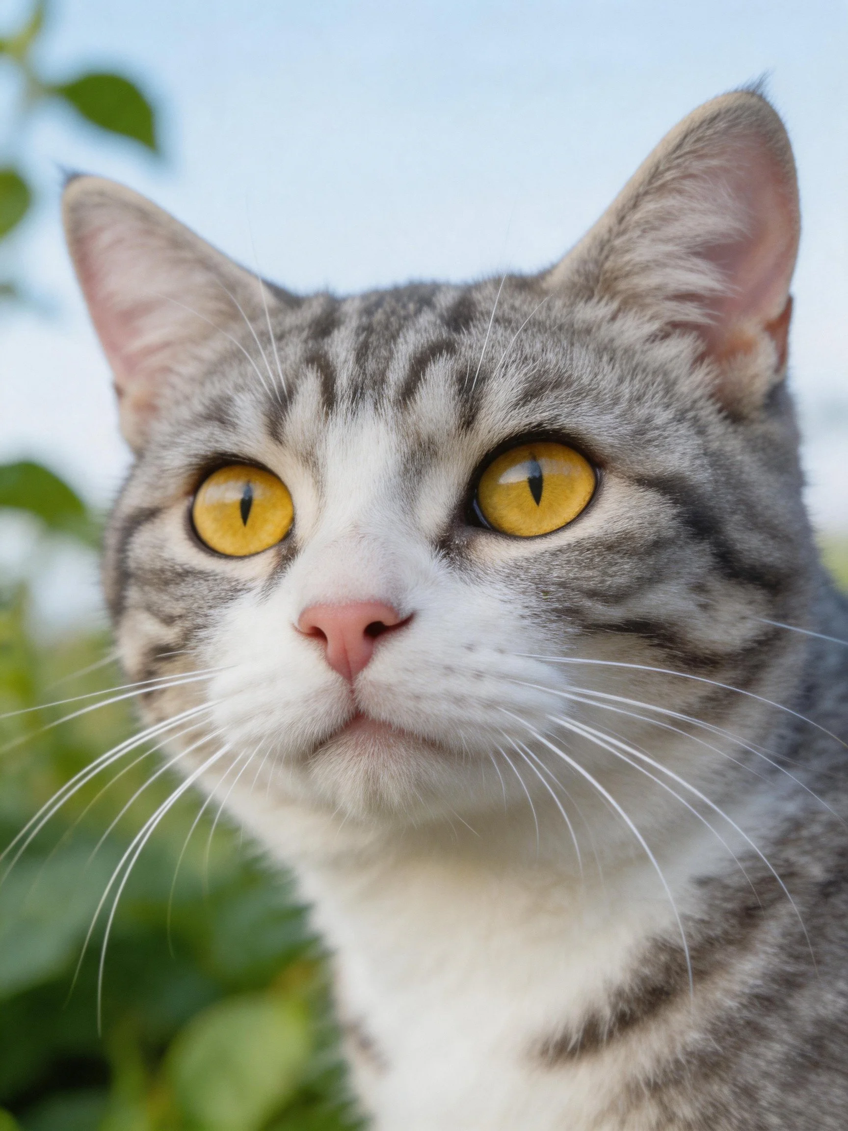 A gray and white tabby cat looks attentively with bright yellow eyes in nature.