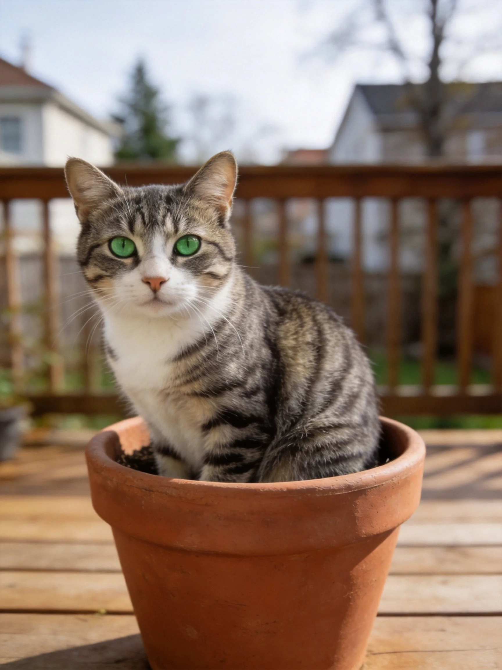 A tabby cat with green eyes sits inside a terracotta pot on a wooden deck.