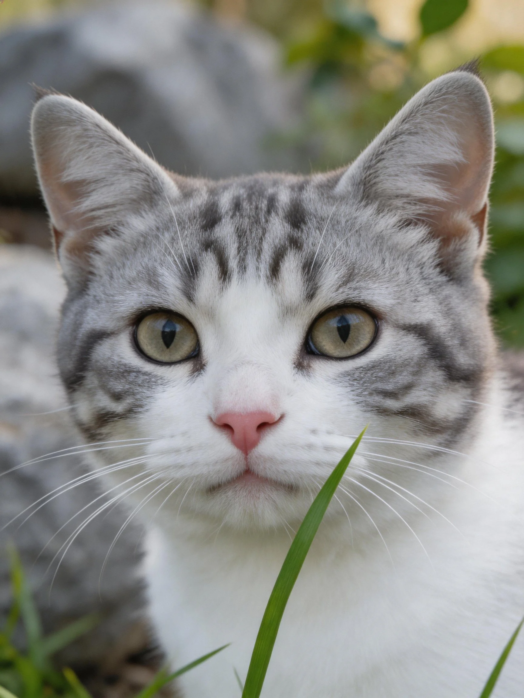 A gray and white tabby cat with green eyes is near grass.