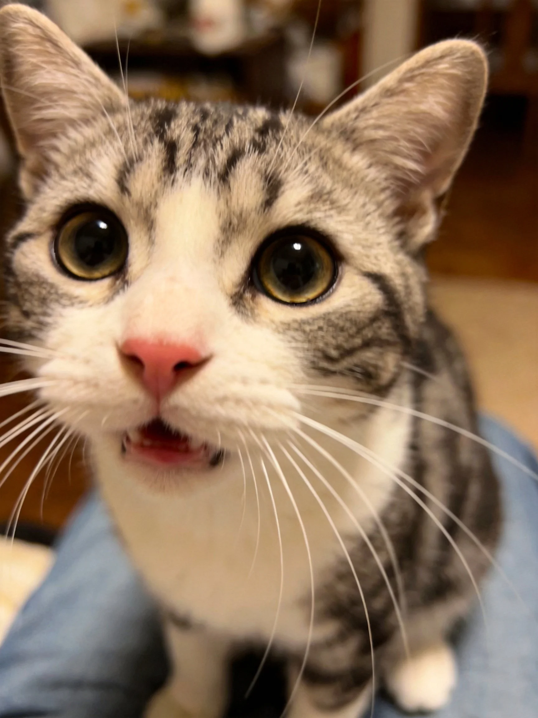Gray and white tabby cat with large eyes sits on a blue surface.