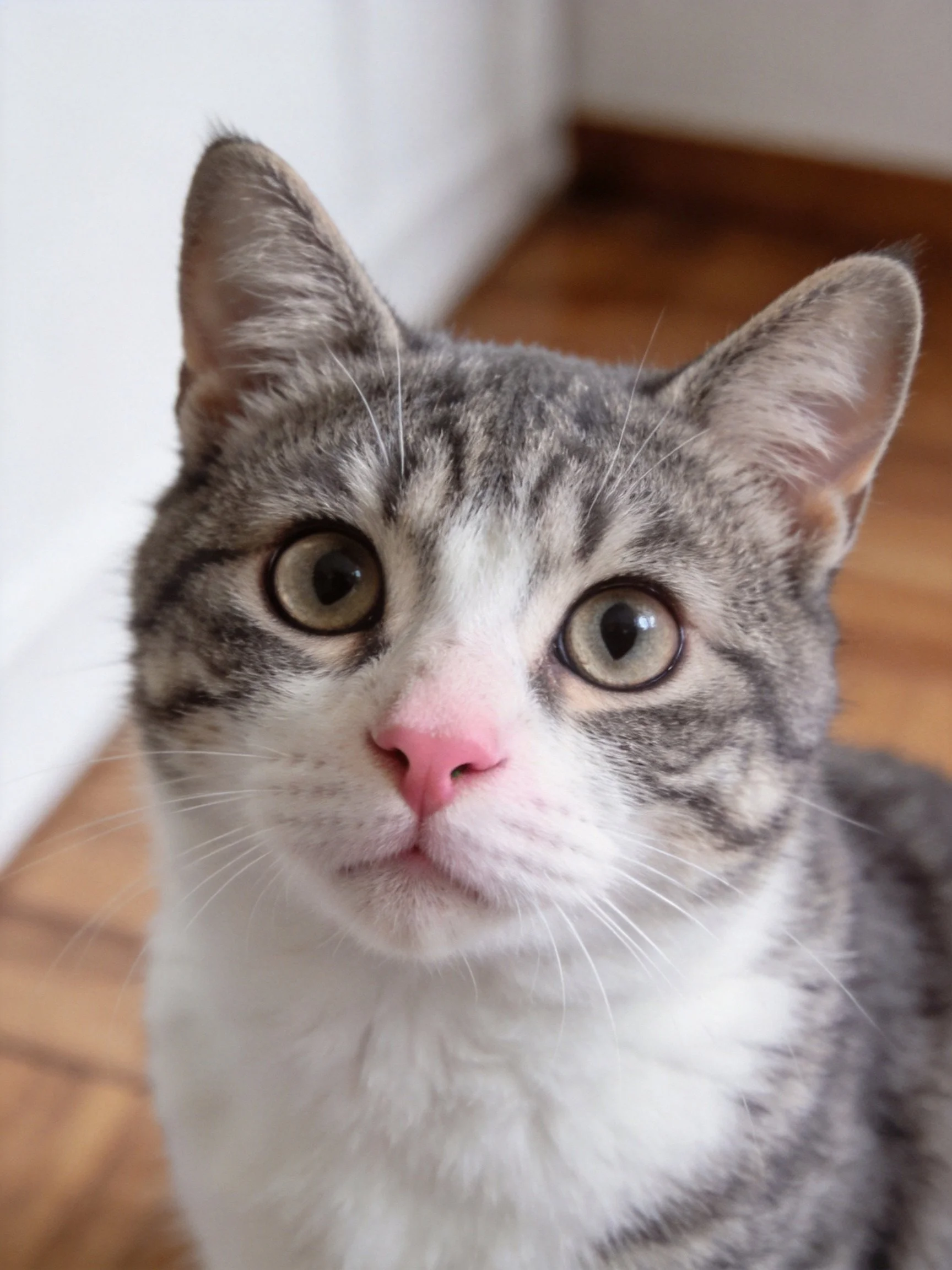 Gray and white tabby cat with pink nose sits near a white wall.