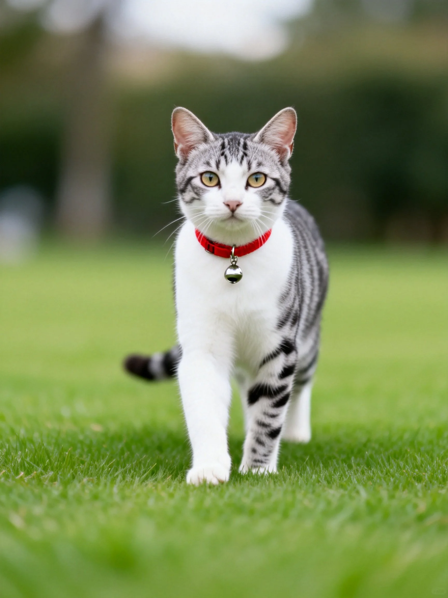 A gray and white tabby cat with a red collar walks on green grass outdoors.