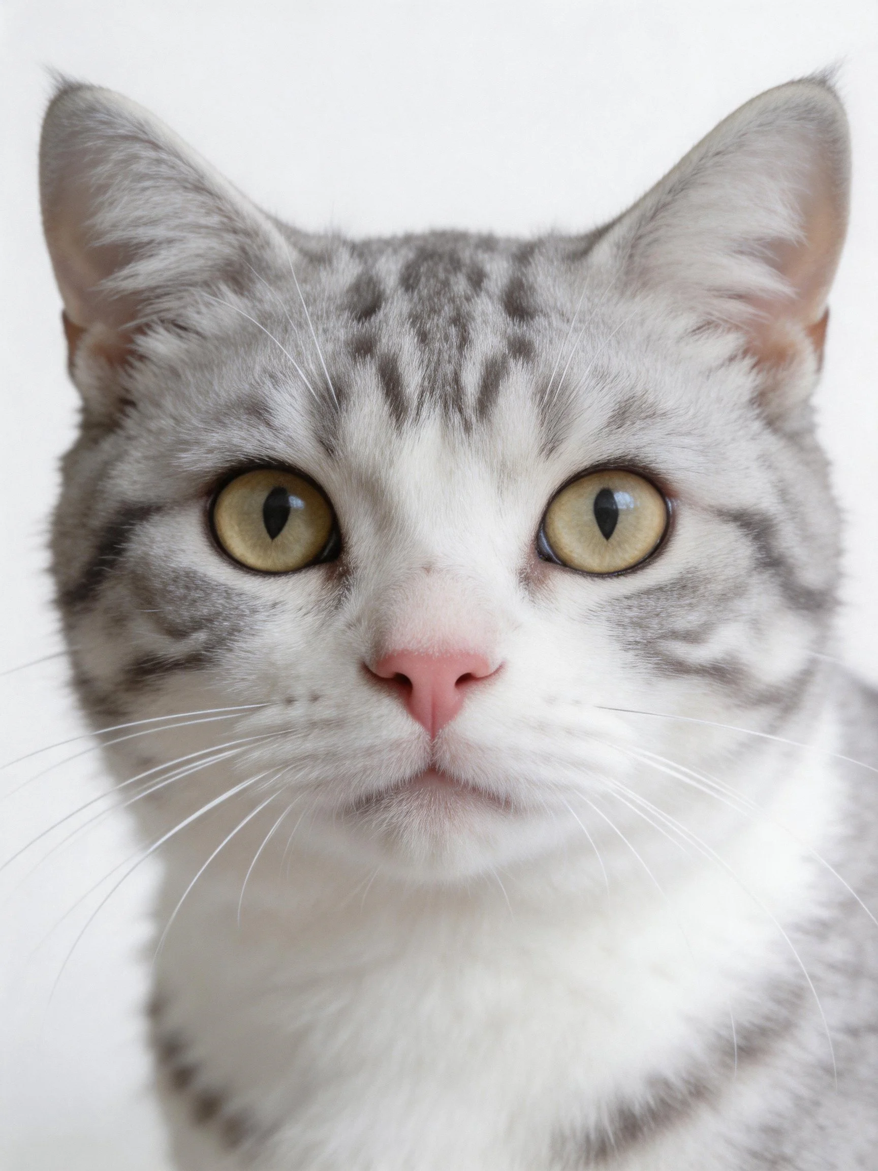 A gray and white tabby cat looks directly at the viewer.