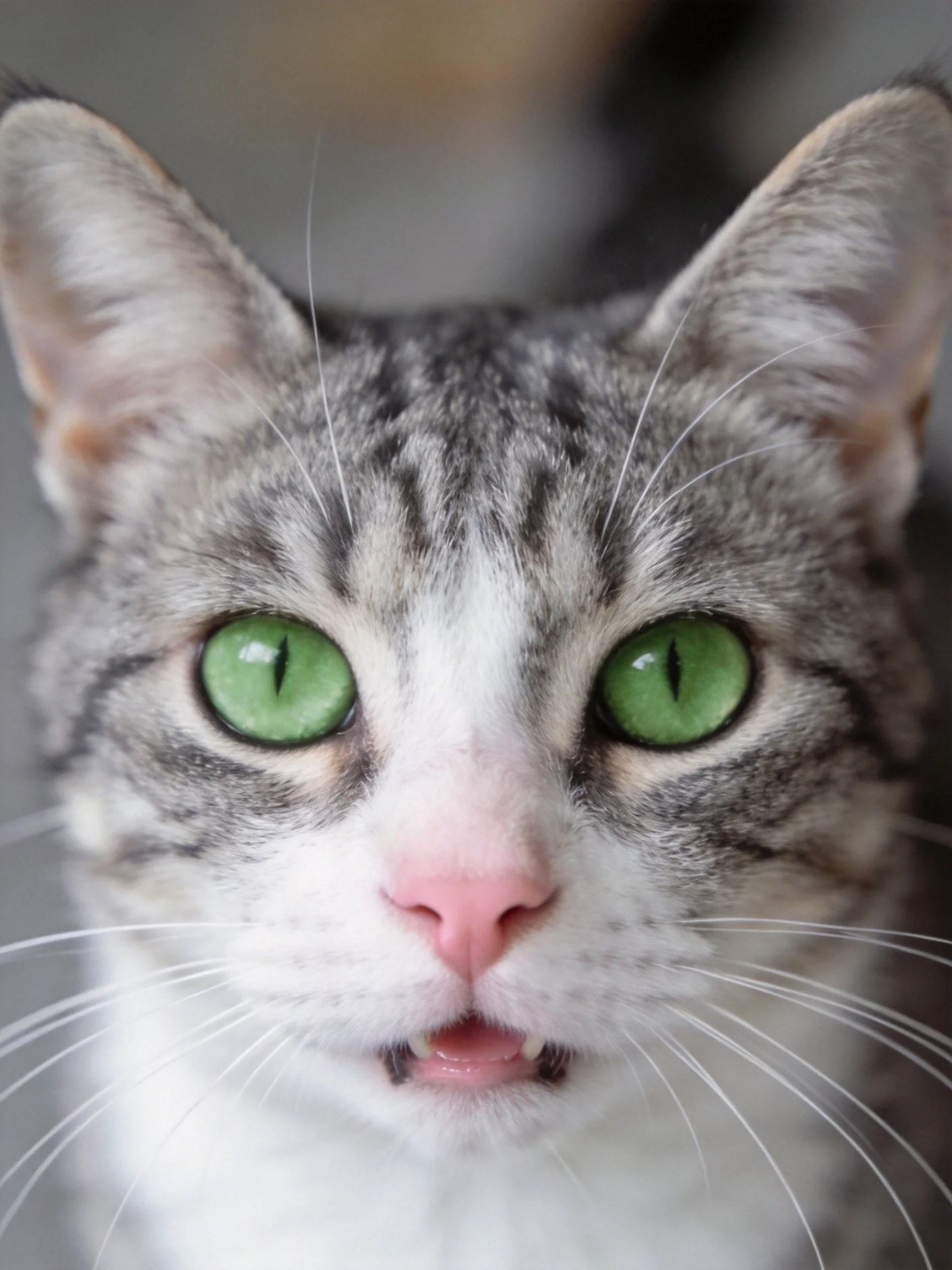 Close - up of a gray and white tabby cat with vivid green eyes.