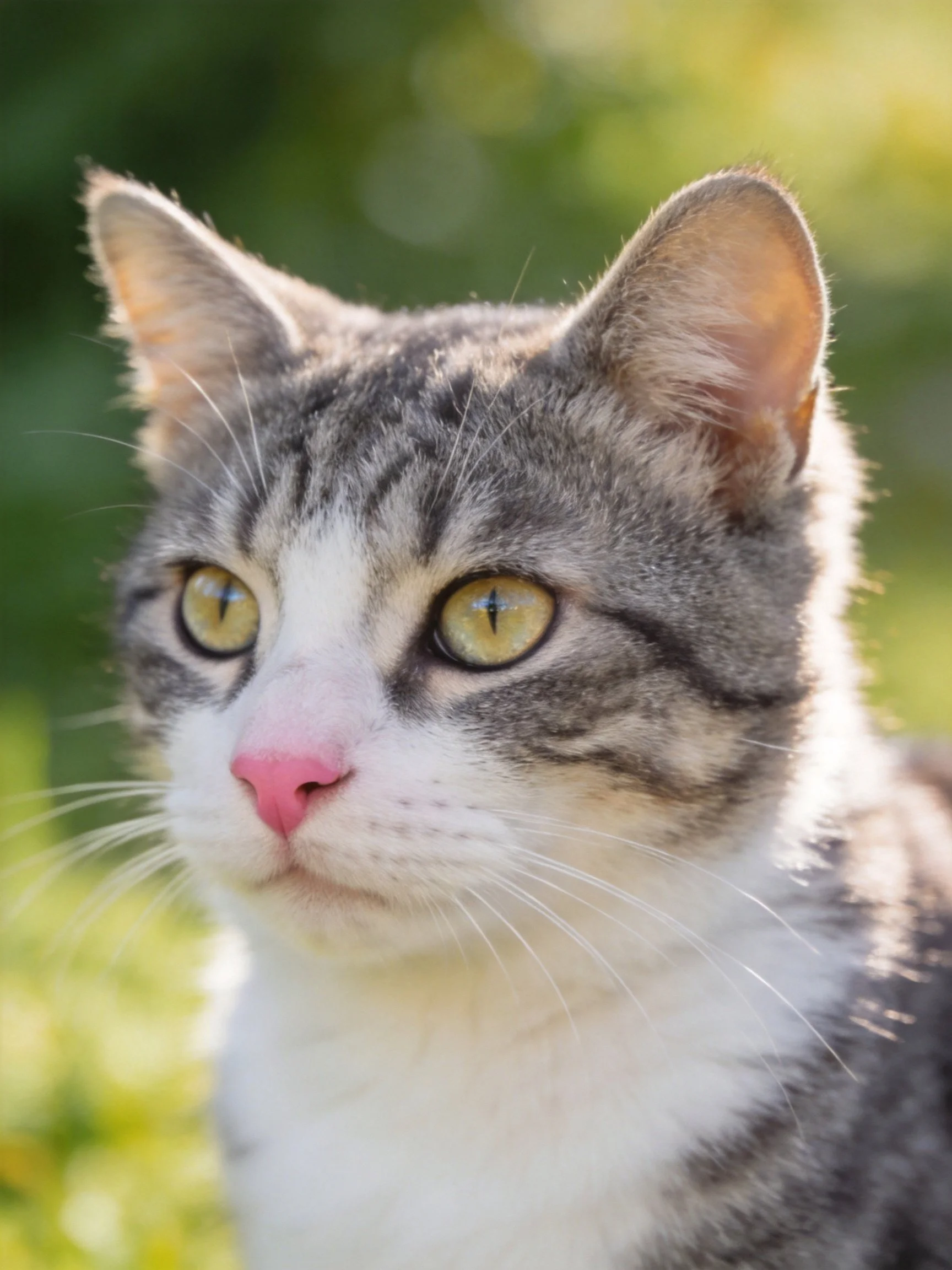 A gray and white tabby cat with yellow eyes is shown outdoors.