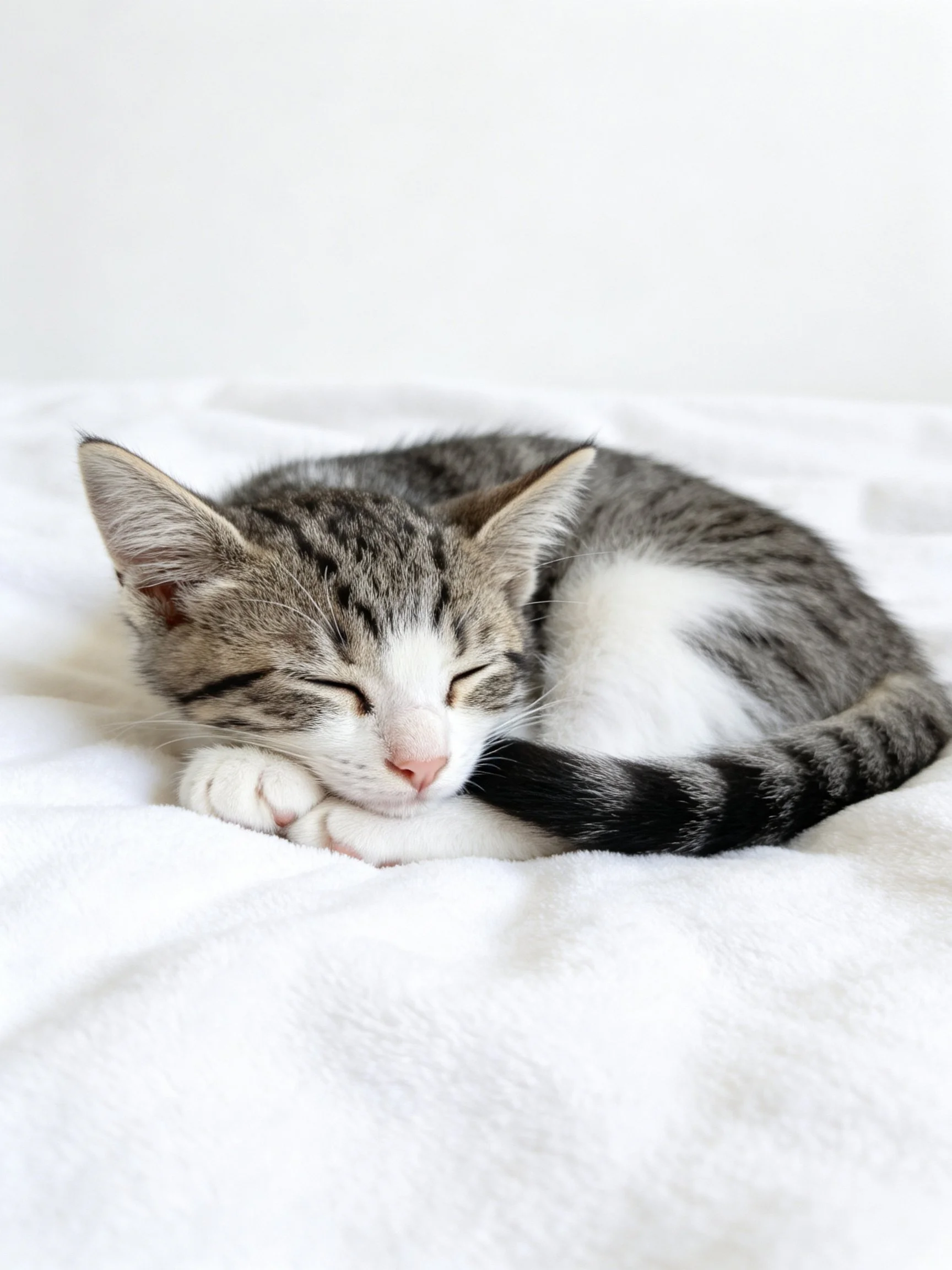 A gray and white tabby kitten rests peacefully on a soft white surface