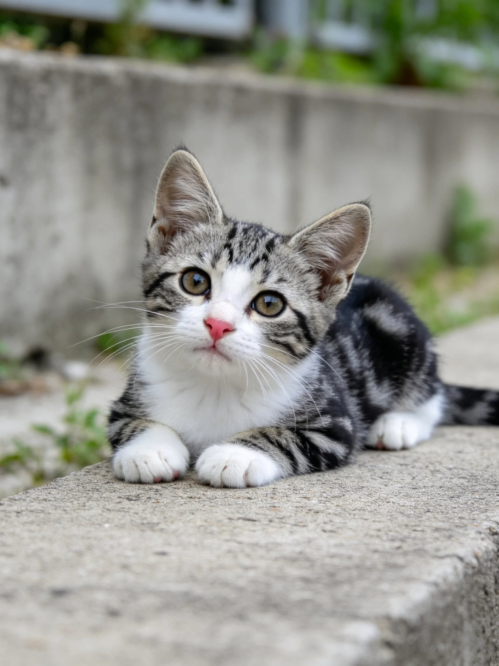 A gray and white tabby kitten relaxes on a concrete ledge outside.