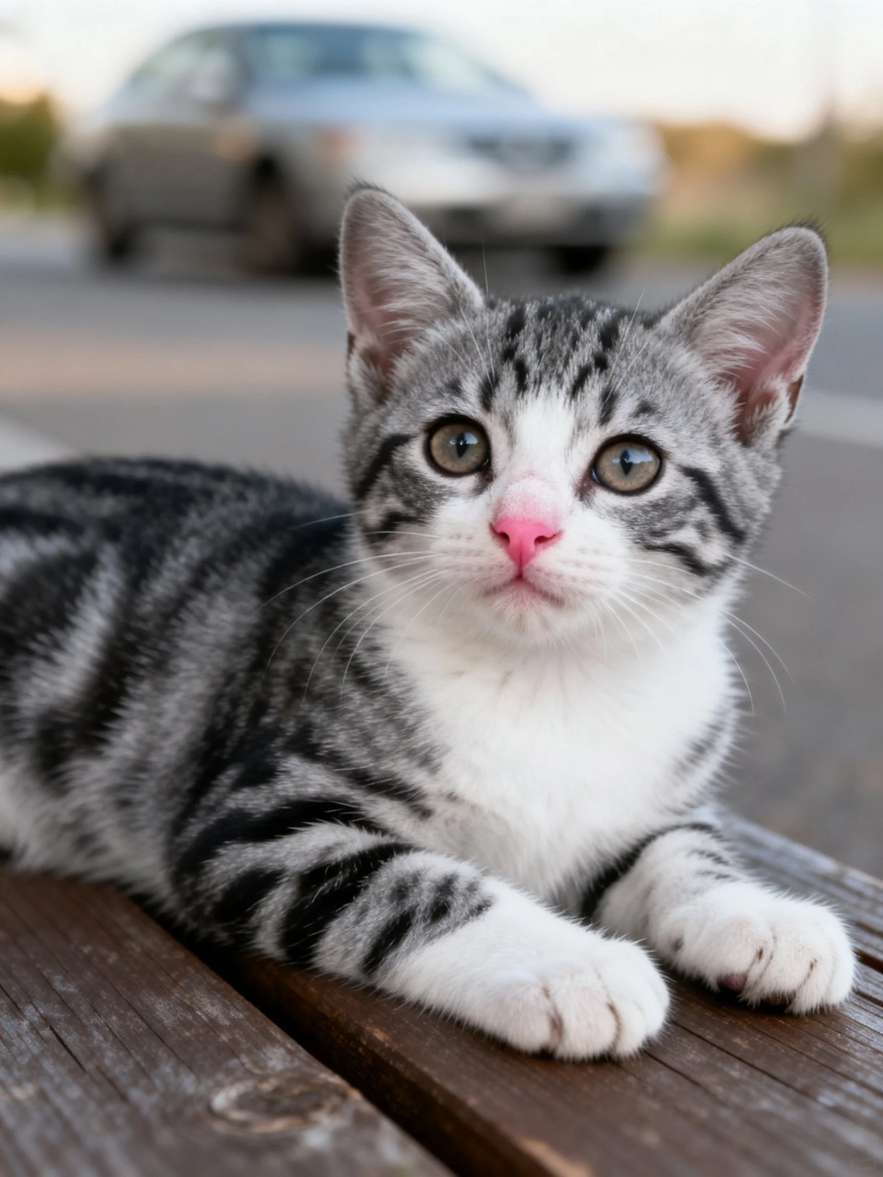 A gray and white tabby kitten lies on a wooden bench with a blurred car in the background.