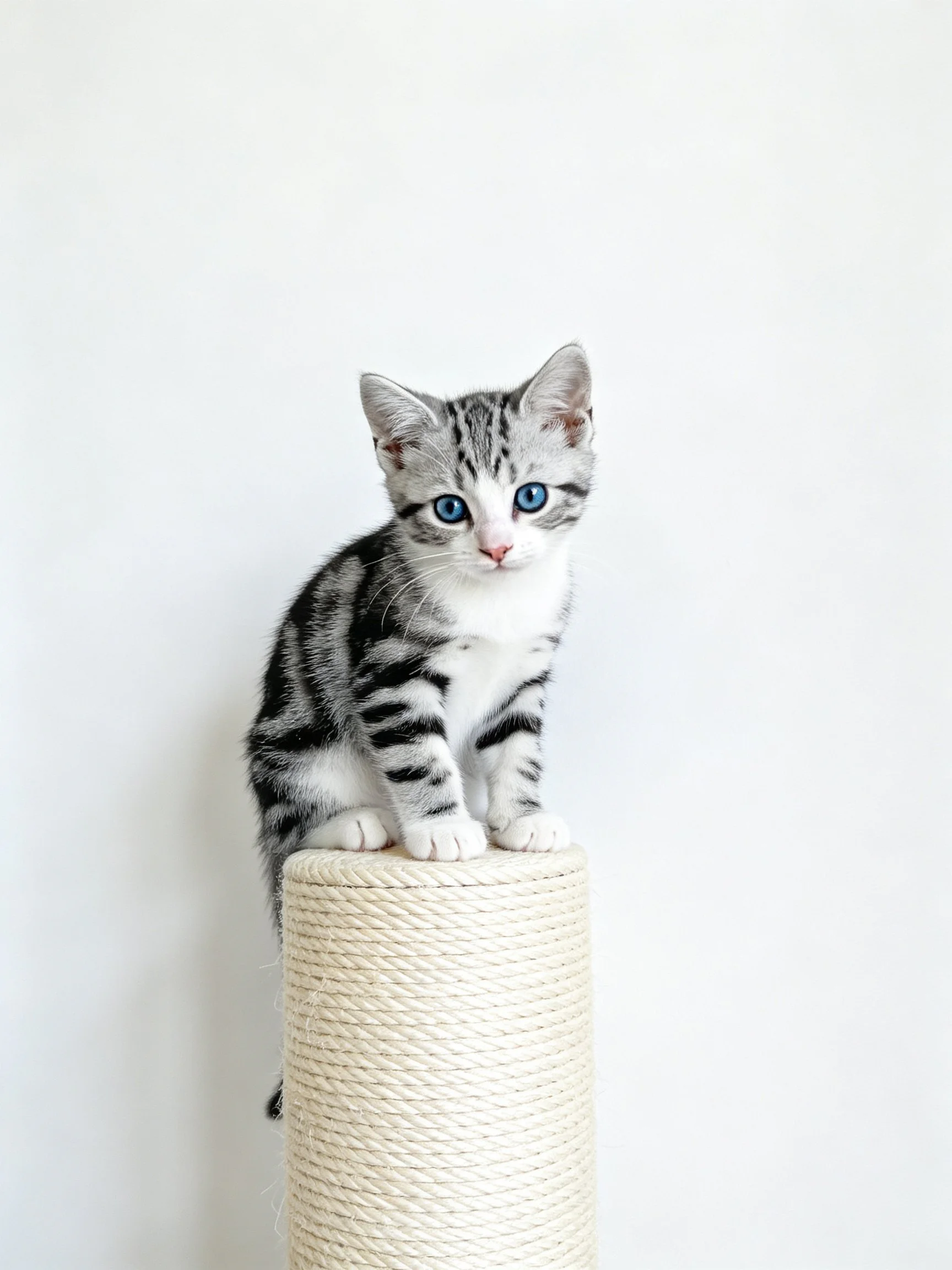 A gray and white tabby kitten sits on a rope scratching post.