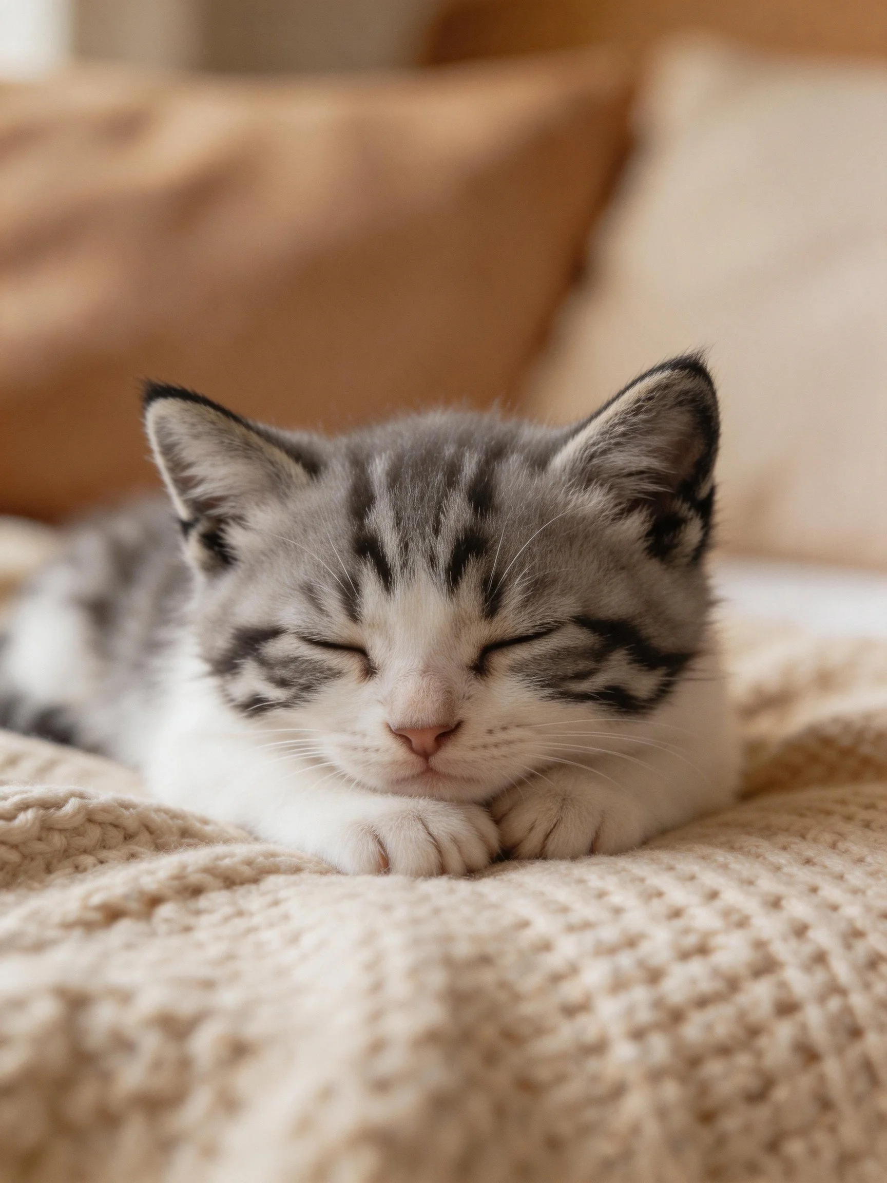 A gray and white tabby kitten sleeps peacefully on a soft blanket with pillows nearby.