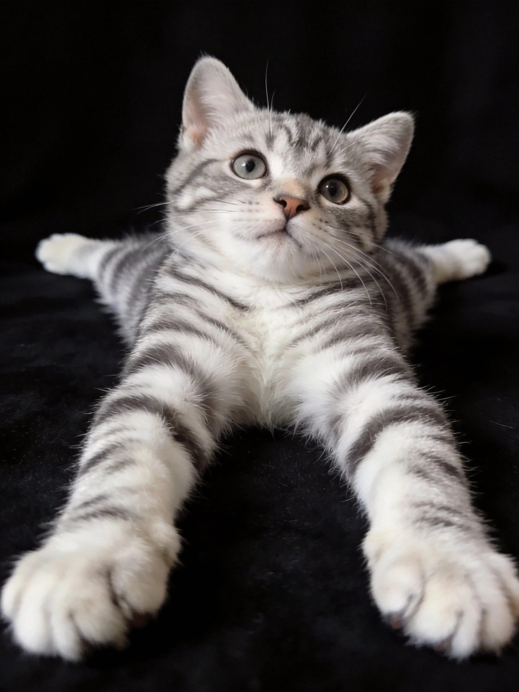 A gray and white tabby kitten lies stretched out on a black fabric surface.