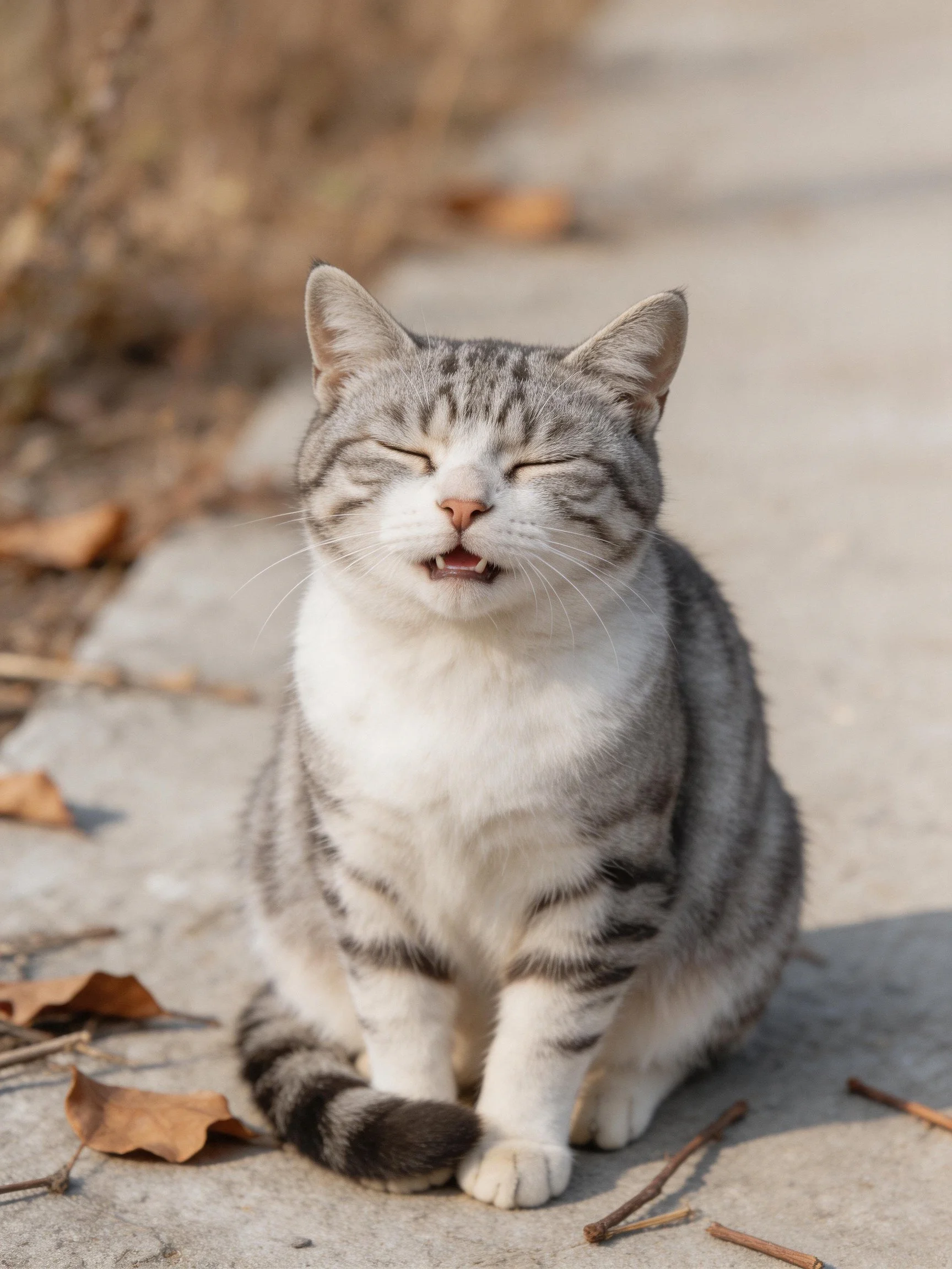 Gray and white tabbycat sits contentedly on concrete near dry leaves