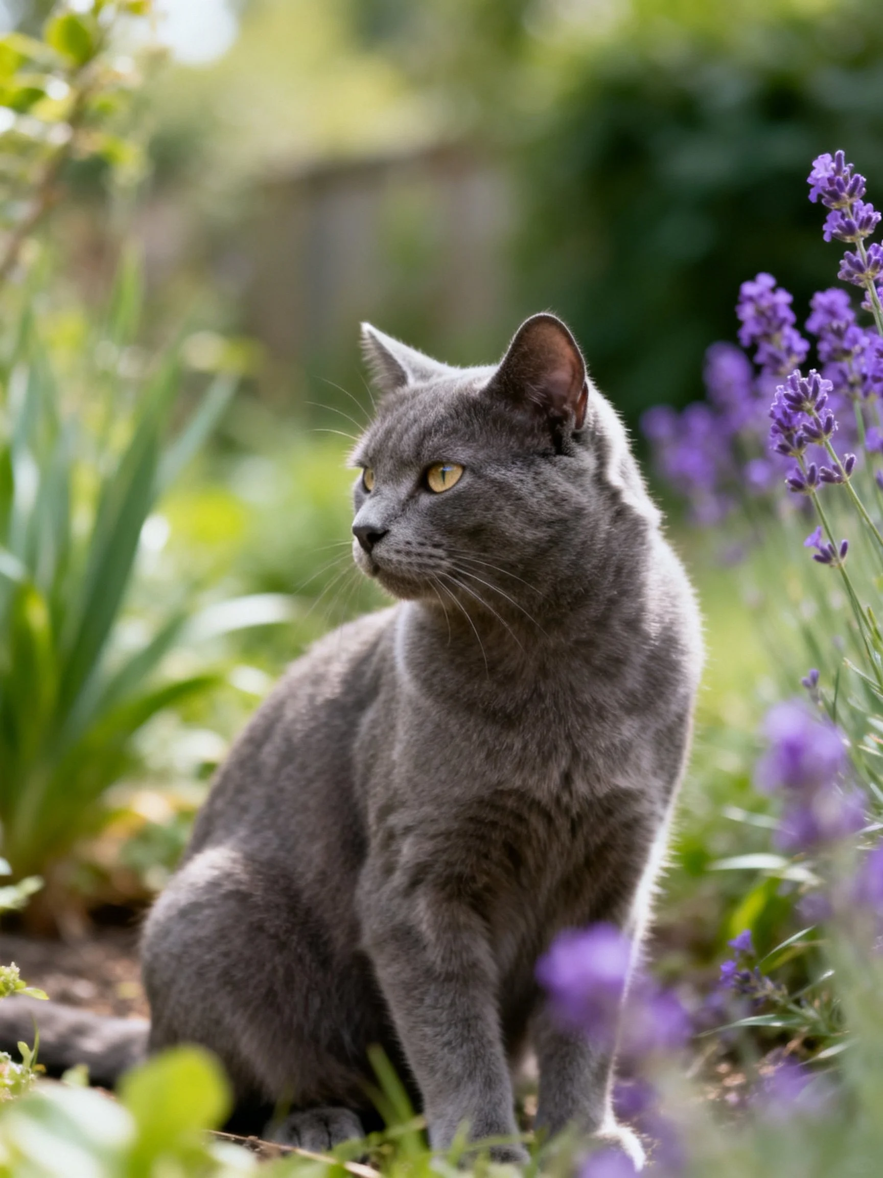 A gray cat sits attentively in a garden with purple flowers and green plants.