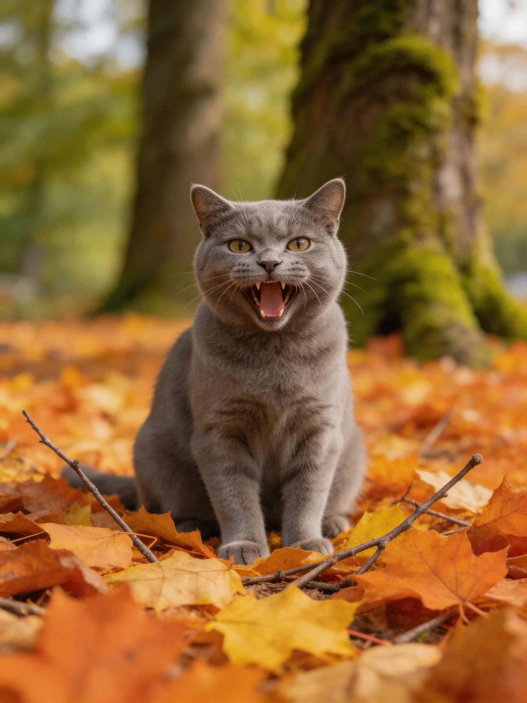 Gray cat amidst autumn leaves near mossy tree trunks