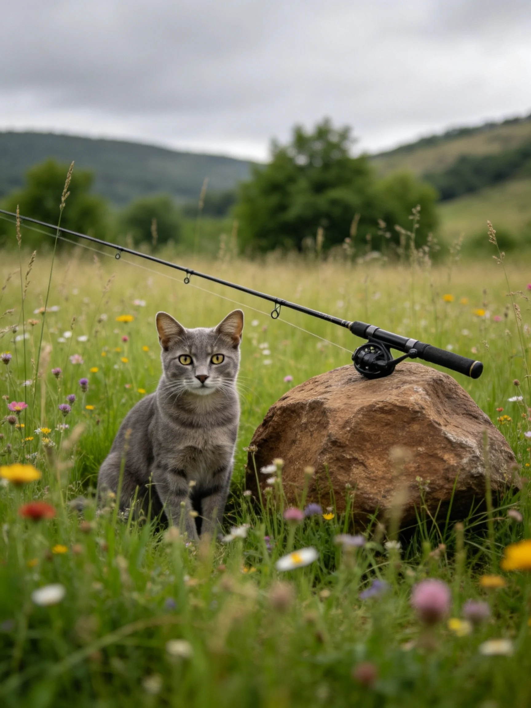 Gray cat beside fishing rod near rock in wildflower meadow