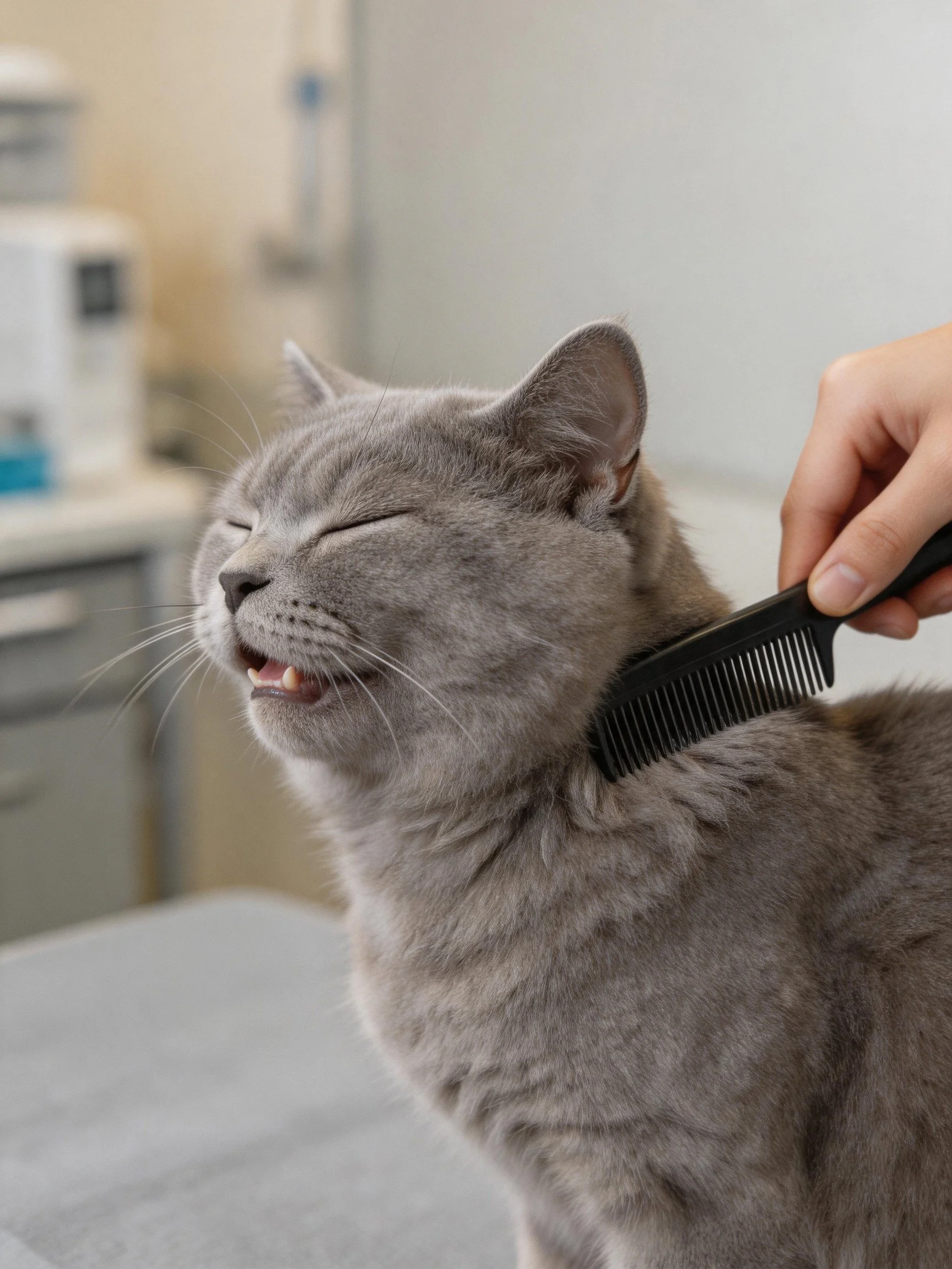 Gray cat enjoys grooming session with closed eyes