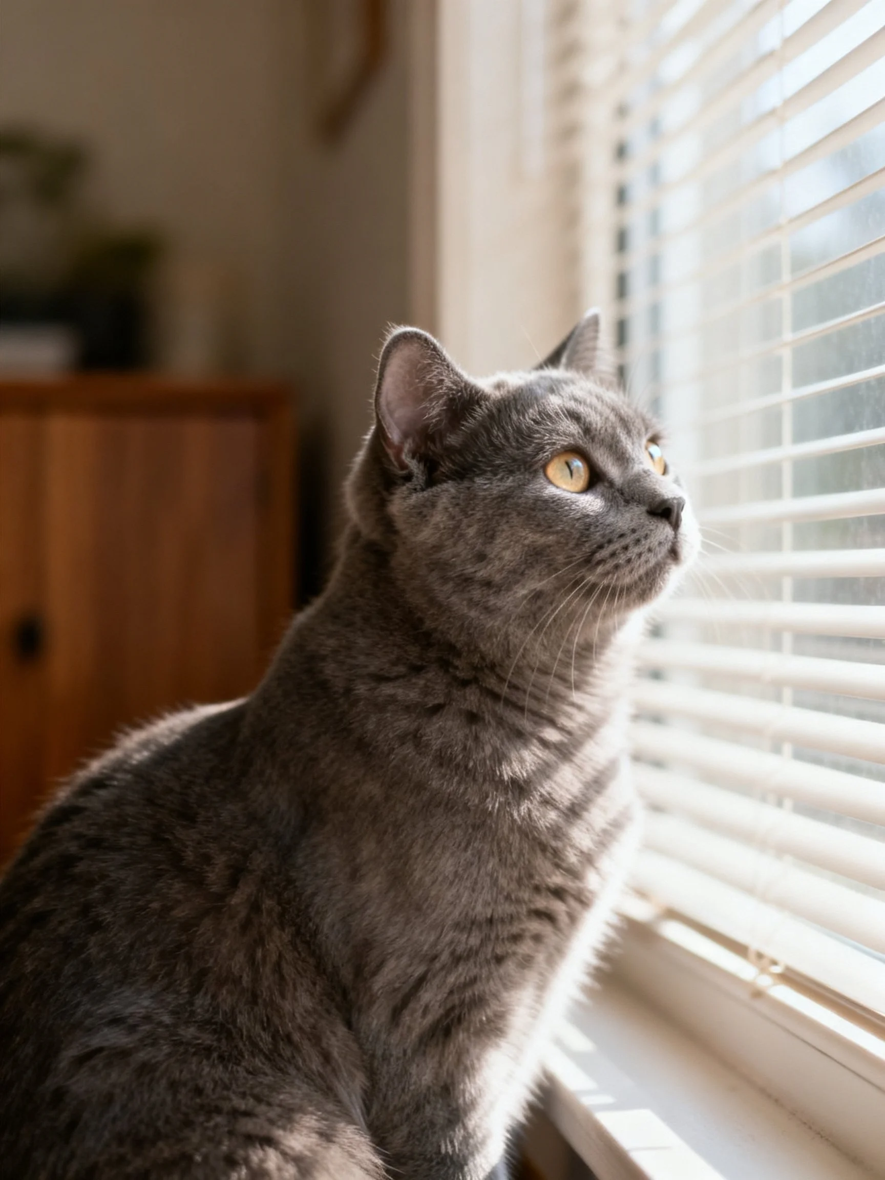 Gray cat gazes out from sunlit windowsill with white blinds