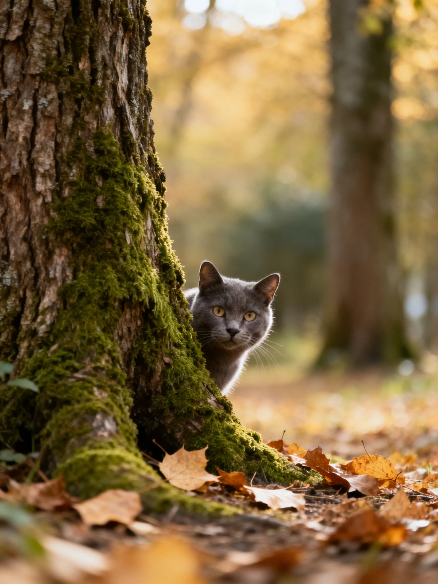 Gray cat hides behind mossy tree trunk in autumn forest