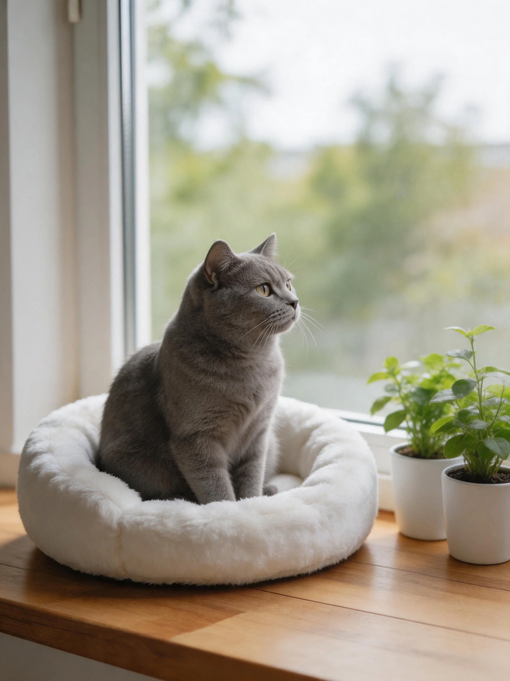 Gray cat in white pet bed near two potted plants by window