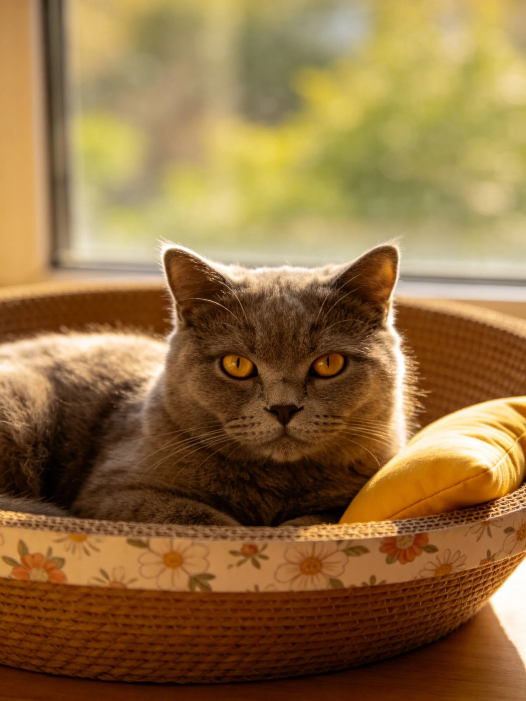 Gray cat lounges in floral wicker bed by sunlit window