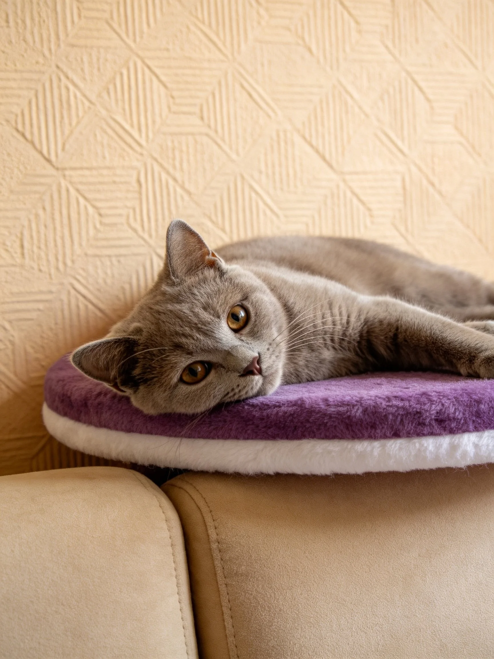 A gray cat relaxes on a purple and white pet bed on a beige sofa.